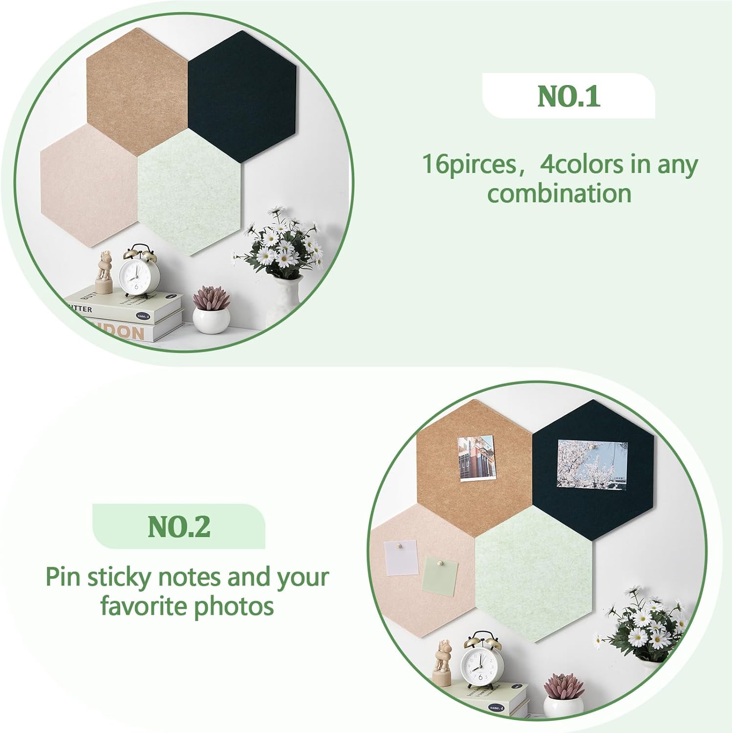 Mindsoft 16 Pcs Hexagon Cork Board for Walls with 50 Wooden Push Pins 12x10 in Felt DIY Tiles Notice with Nano Tape Hanging Bulletin Board for Home Photo Office Memo Note (Green)
