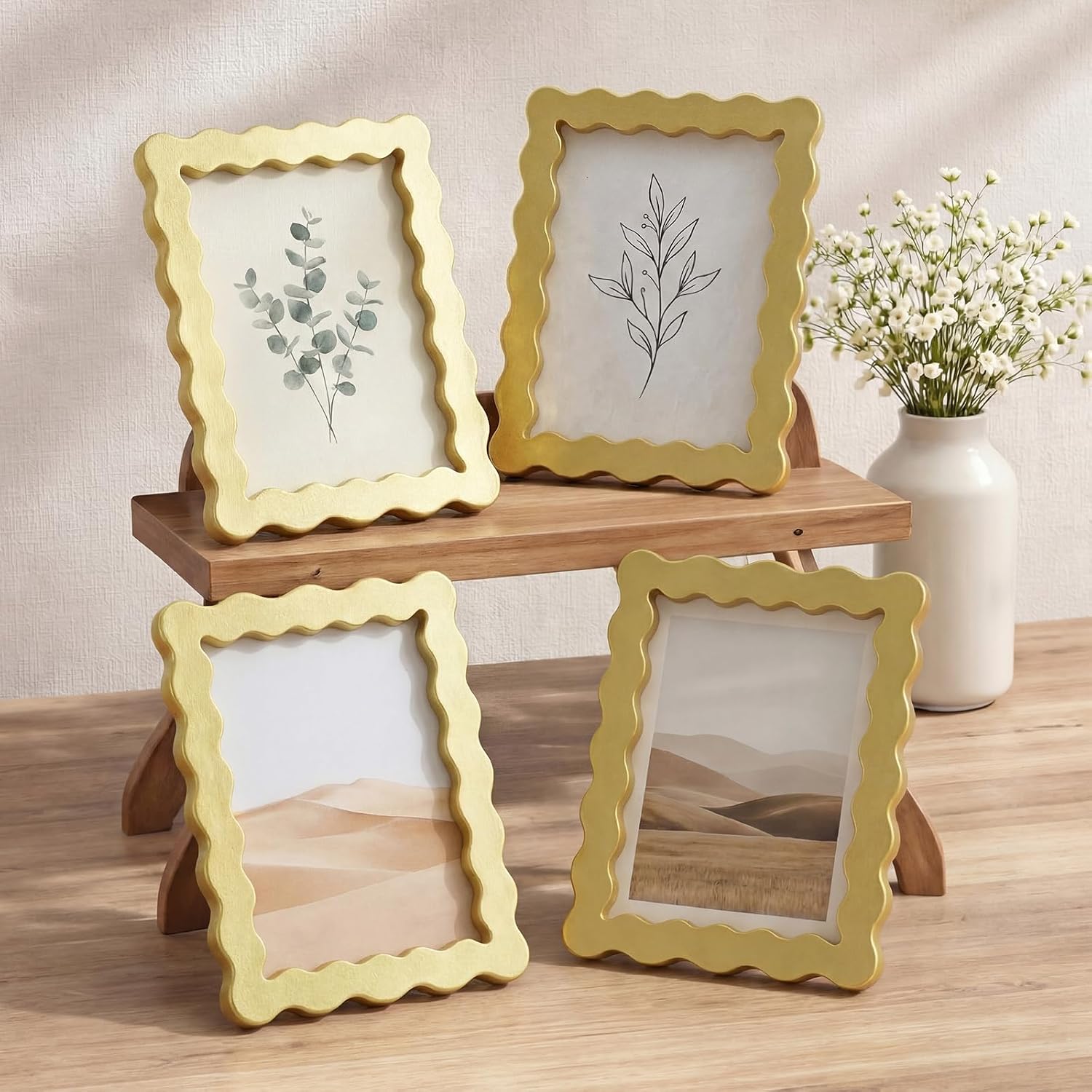 Novabright 4 Set 5 x 7 Wavy Picture Frame with Mat Scalloped Wavy Edge Wooden Photo Frames with Real Glass - Wall Mount and Tabletop Display for Home Decor Wedding Gifts, Golden