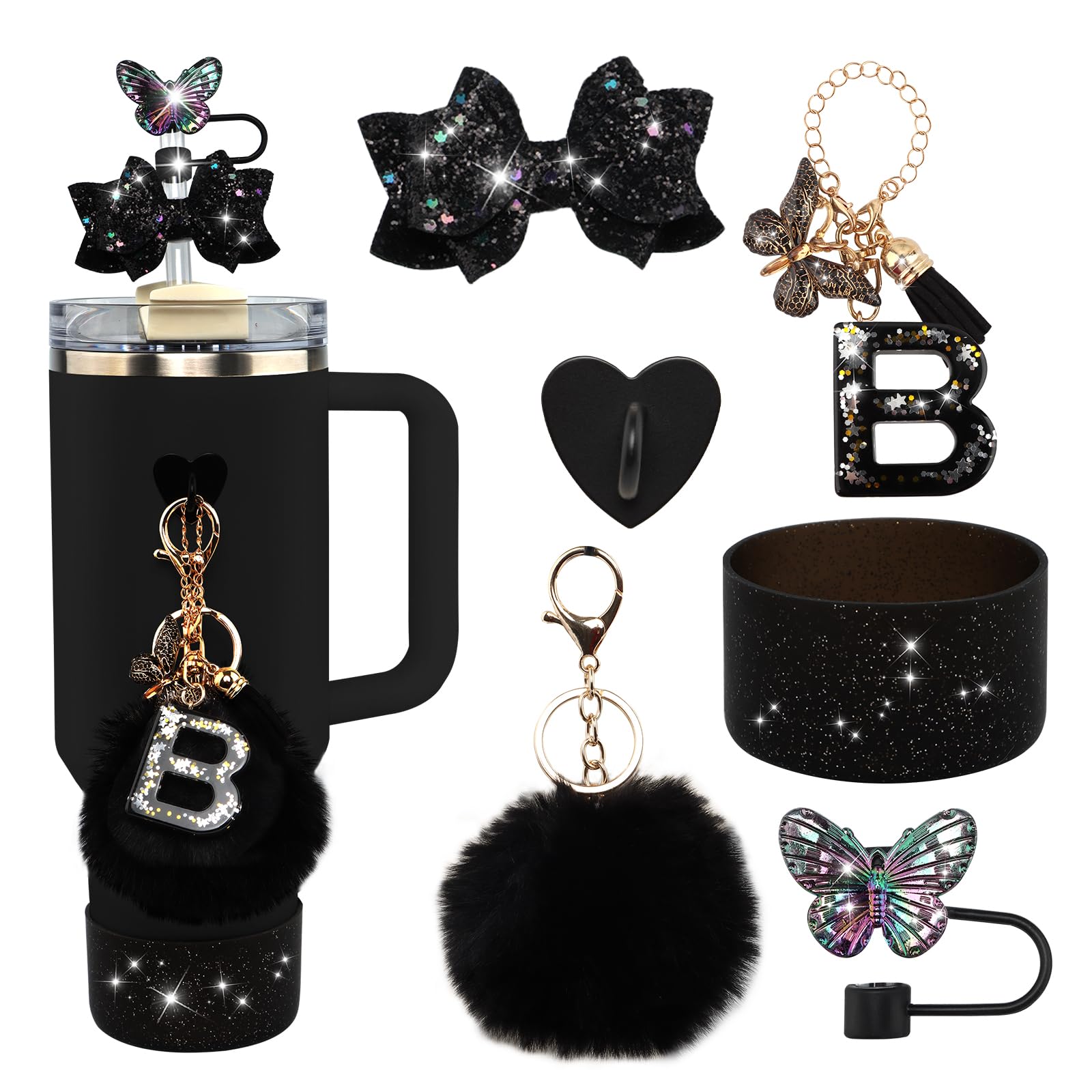 6Pcs Black Stanley Cup Accessories Set - Butterfly Straw Topper Cover Cap, Bling Bow for Straw, Sparkly Silicone Boot, Letter Charm and Pompom for Stanley Cups Tumbler 40Oz 30Oz 20Oz B