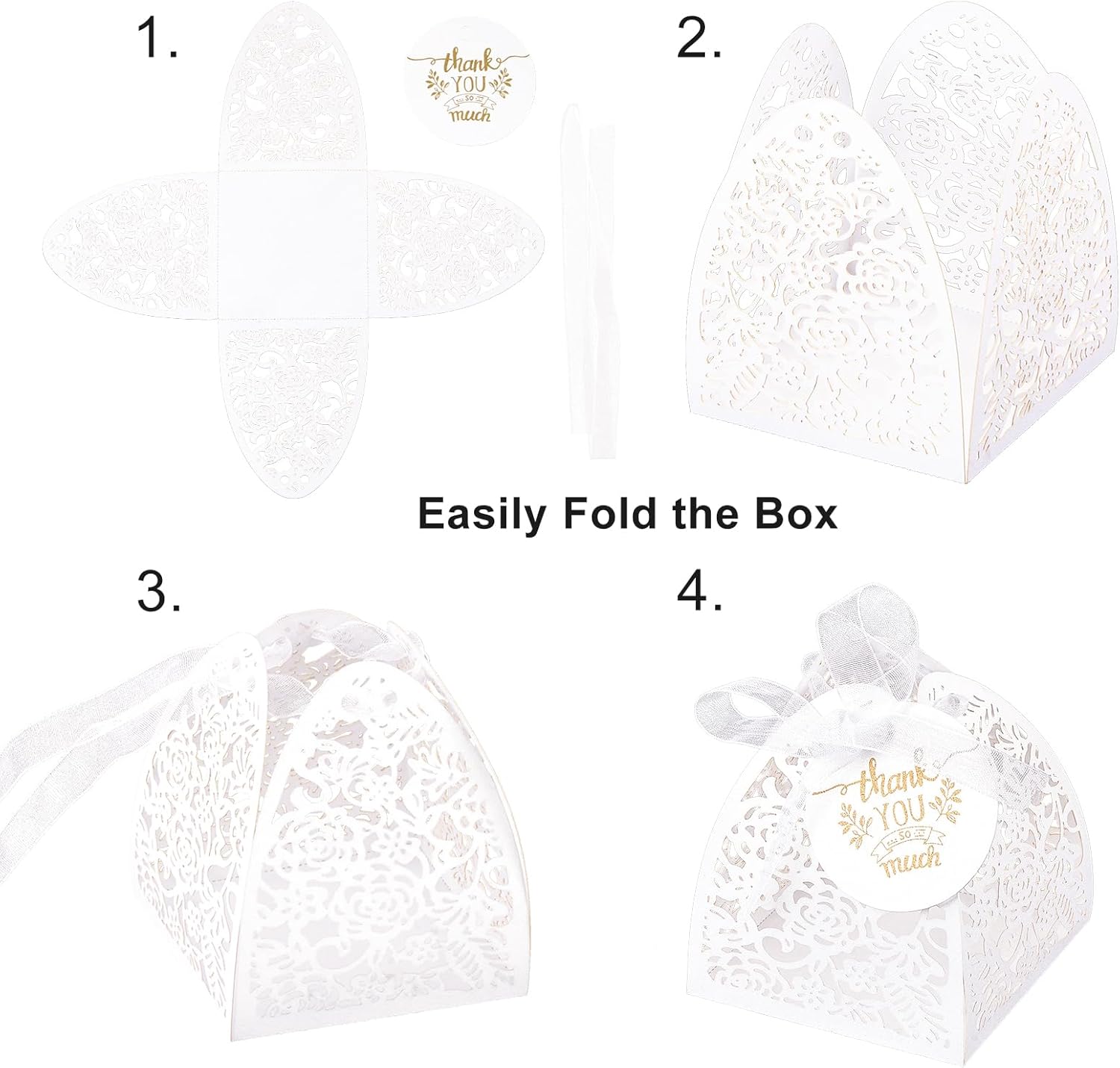 50Pcs Small Gift Boxes for Party Favors, Laser Cut Candy Boxes Wedding Favor with Thank You Card Ribbons for Bridal Baby Shower Wedding Decorations (White, 2.36") - Image 6