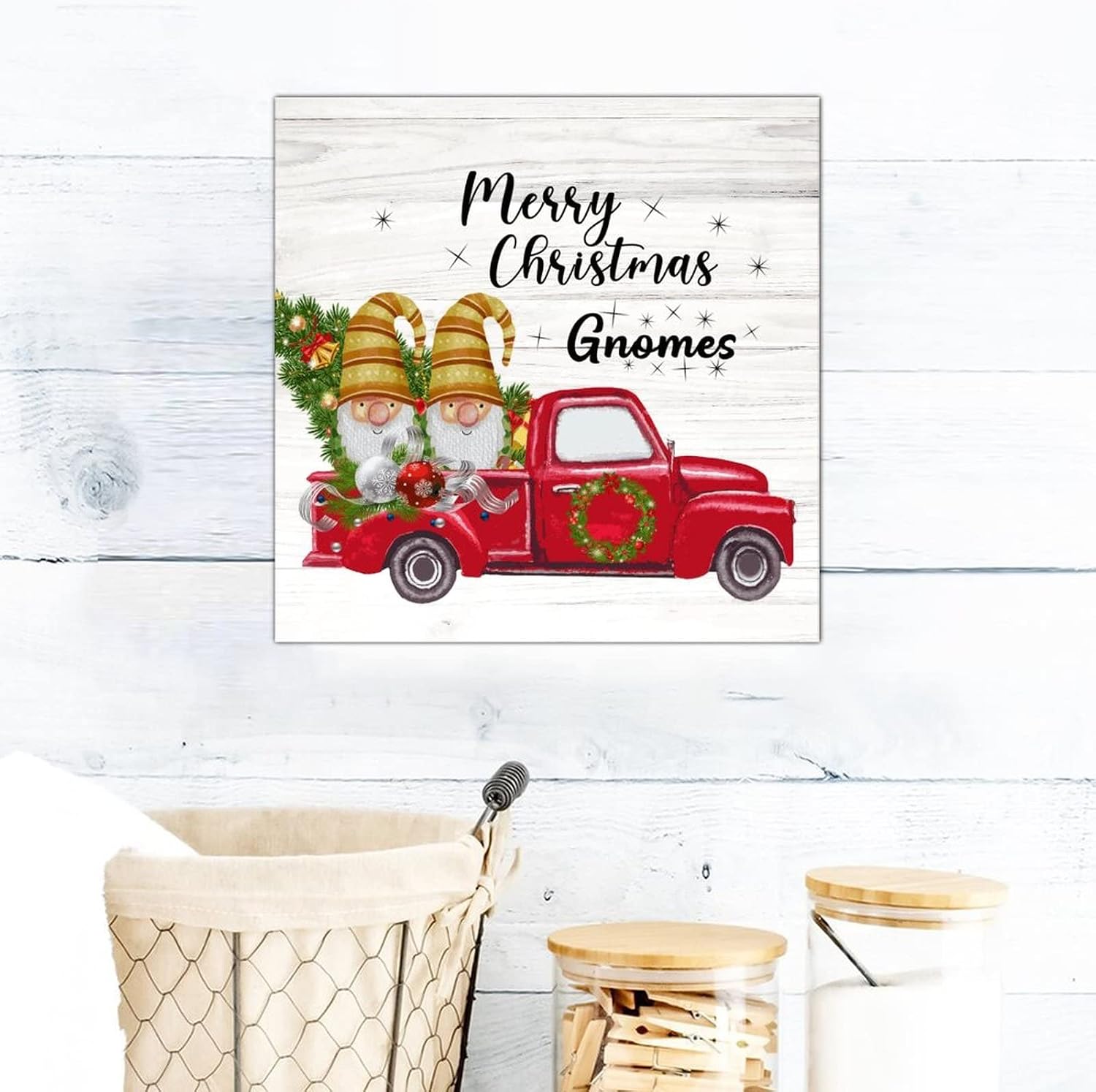 Merry Christmas Gnomes Wooden Sign Vintage Christmas Tree Red Truck Wood Hanging Plaque Holy Night Wall Decor Hanging Plaque Sign For Living Room Bedroom Dining Room Housewarming Gift 16x16in