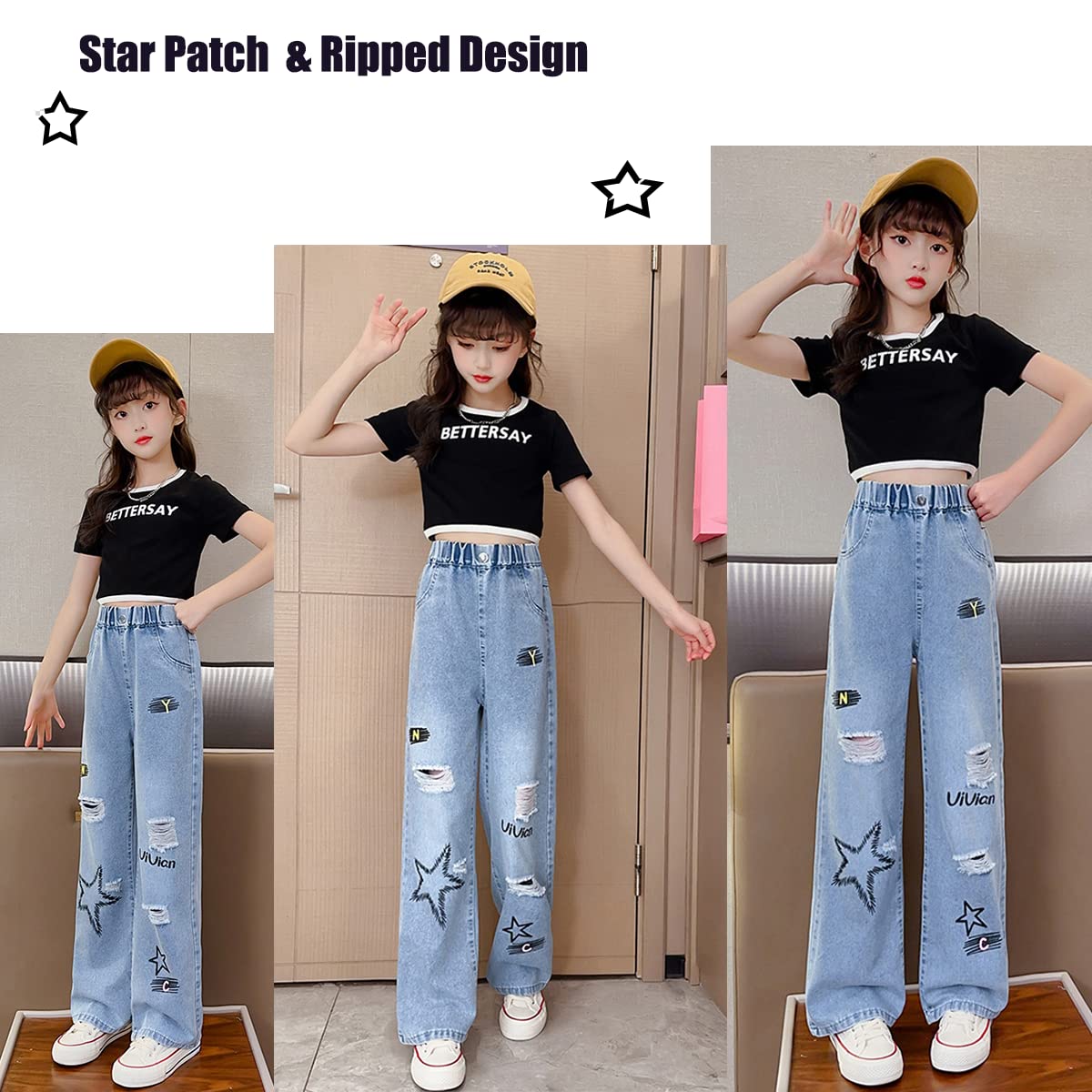 Jeans rasgados para niñas y niñas, cintura elástica, pierna ancha, holgados, talla 5-14 años
