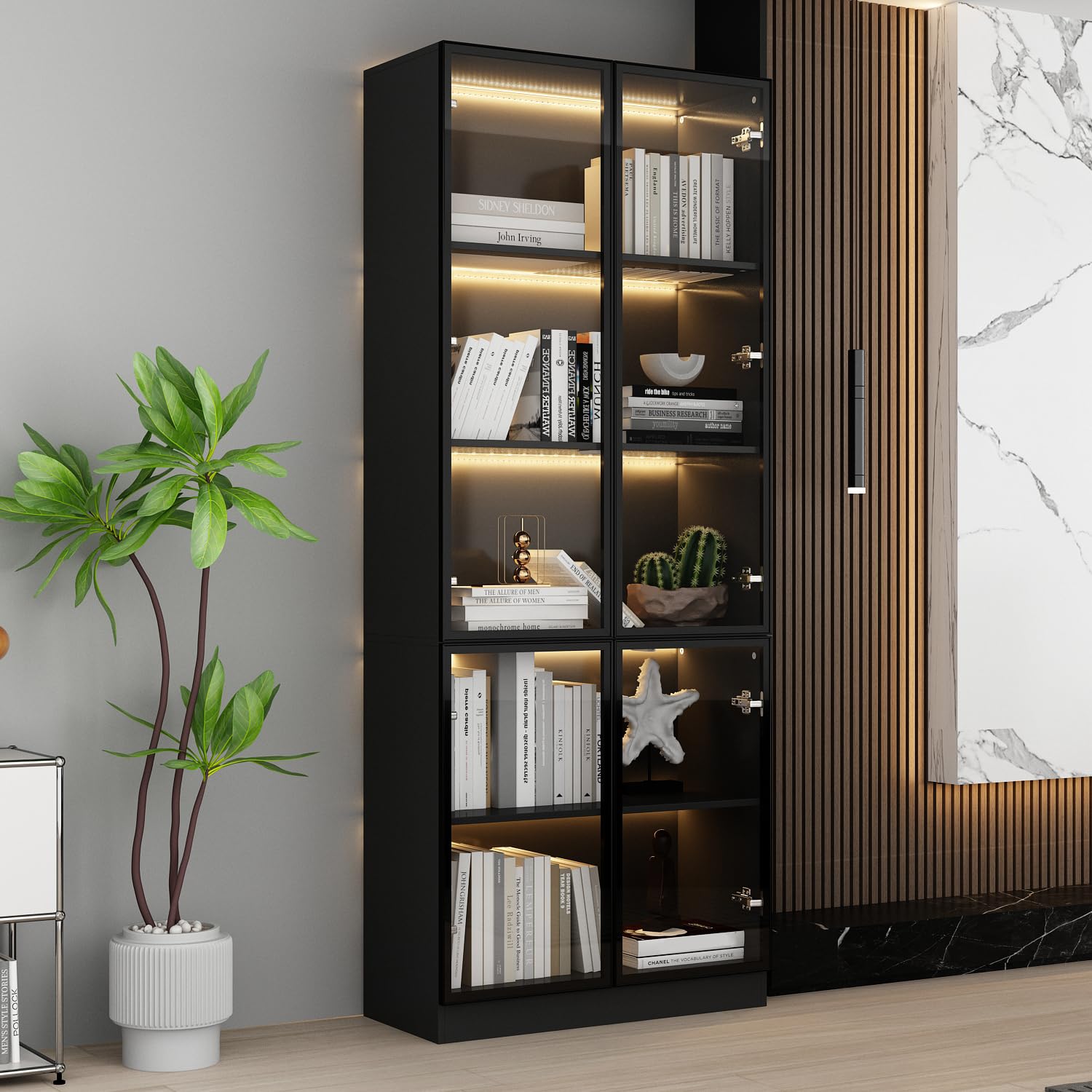 Homsee Bookcase Bookshelf with 5-Tier Shelves, 4 Glass Doors and