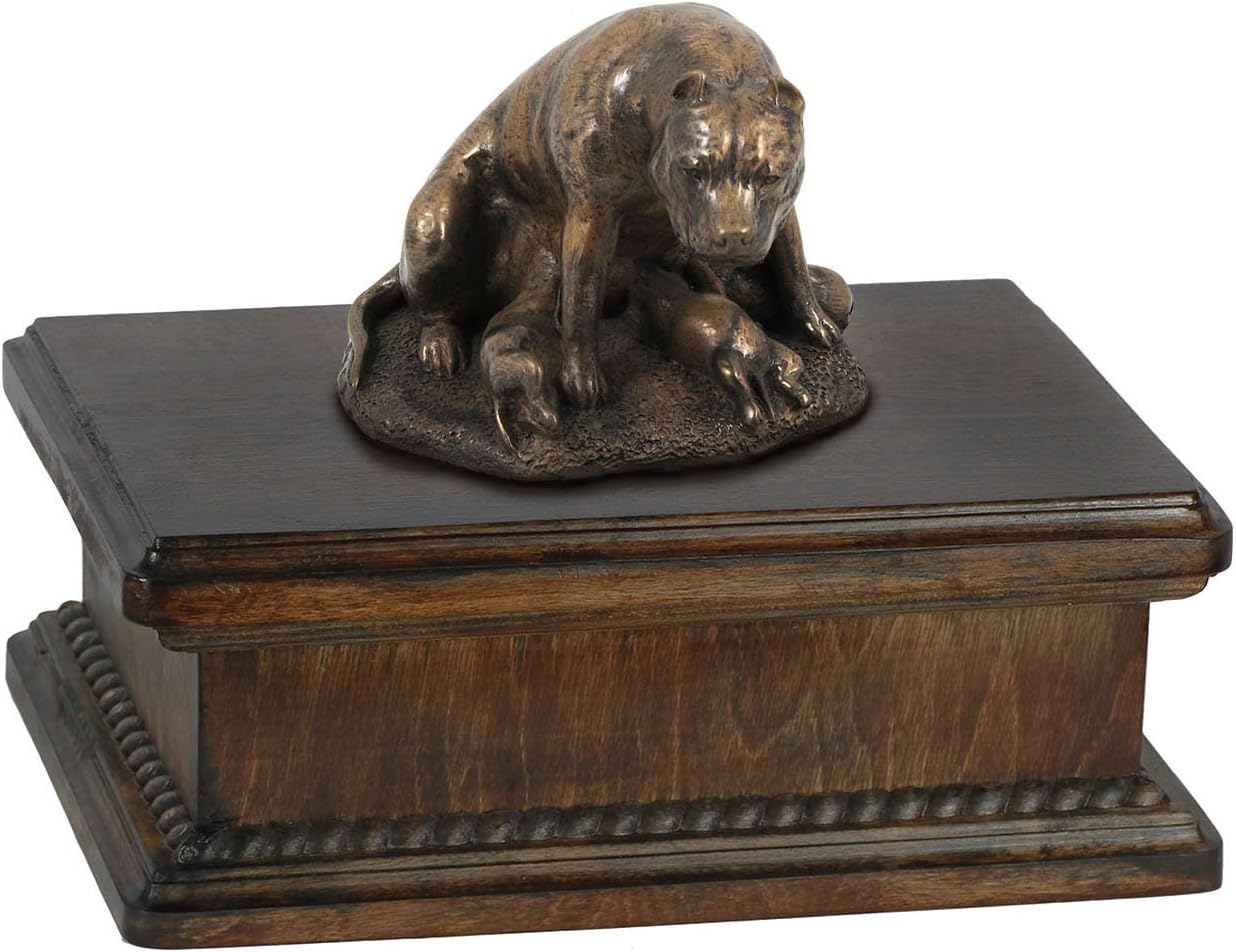Art-Dog Custom Dog Mama Sitting Statue Memorial Urn - Handmade Cold Cast Bronze on Birch Base – Sturdy and Stylish Urn for Dog’s Ashes – 24,5x29x21cm – 5l – Staffordshire Bull Terrier I