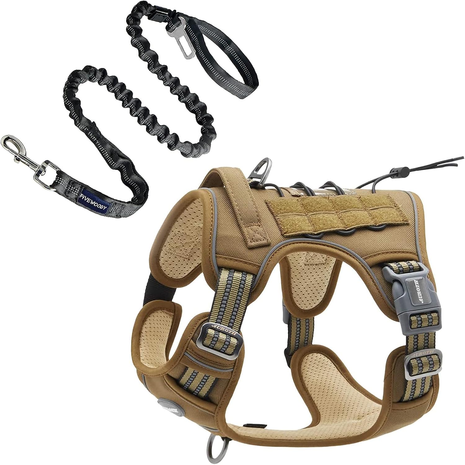 Auroth Tactical Dog Harness with 6 FT Black Heavy Duty Dog Leash for Large Breed Dogs, No Pulling Reflective Dog Training Vest Army Yellow L