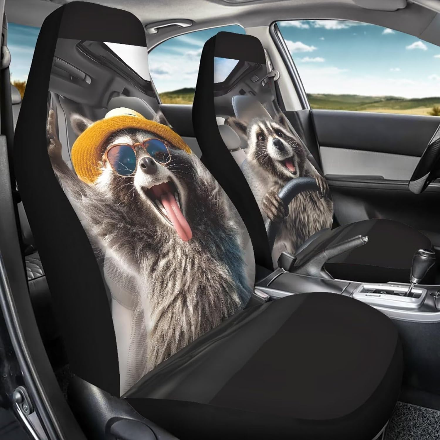 Howilath Car Seat Cover Set of 2 Universal Fit Elastic Raccoon Print Bucket Seat Covers High Back Interior Accessories Easy to Install