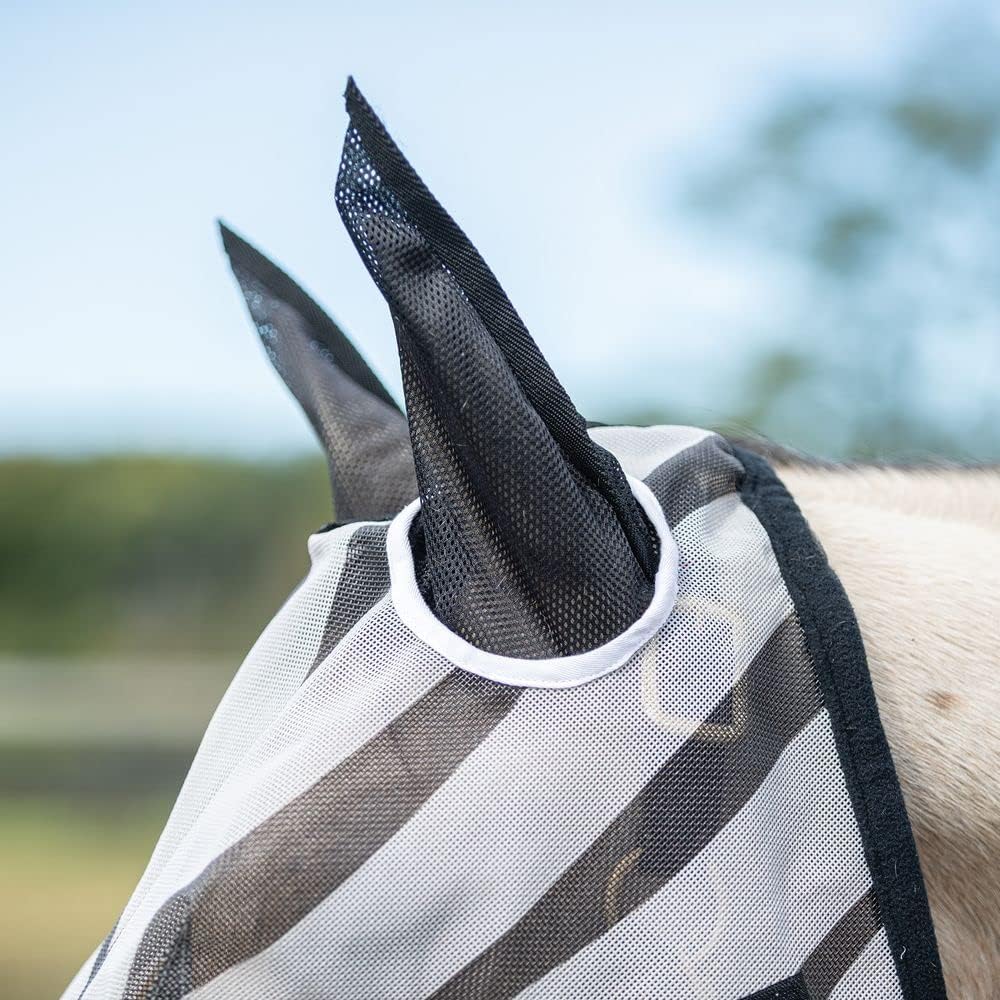 Dura-Tech Zebra Fly Horse Mask with Ears | Horse Comfort Maximized | Confuses Flies | 70% UV Protection | Durable 1000D Dura-Mesh | Breathable Mesh Ears | Size Small/Medium Pony