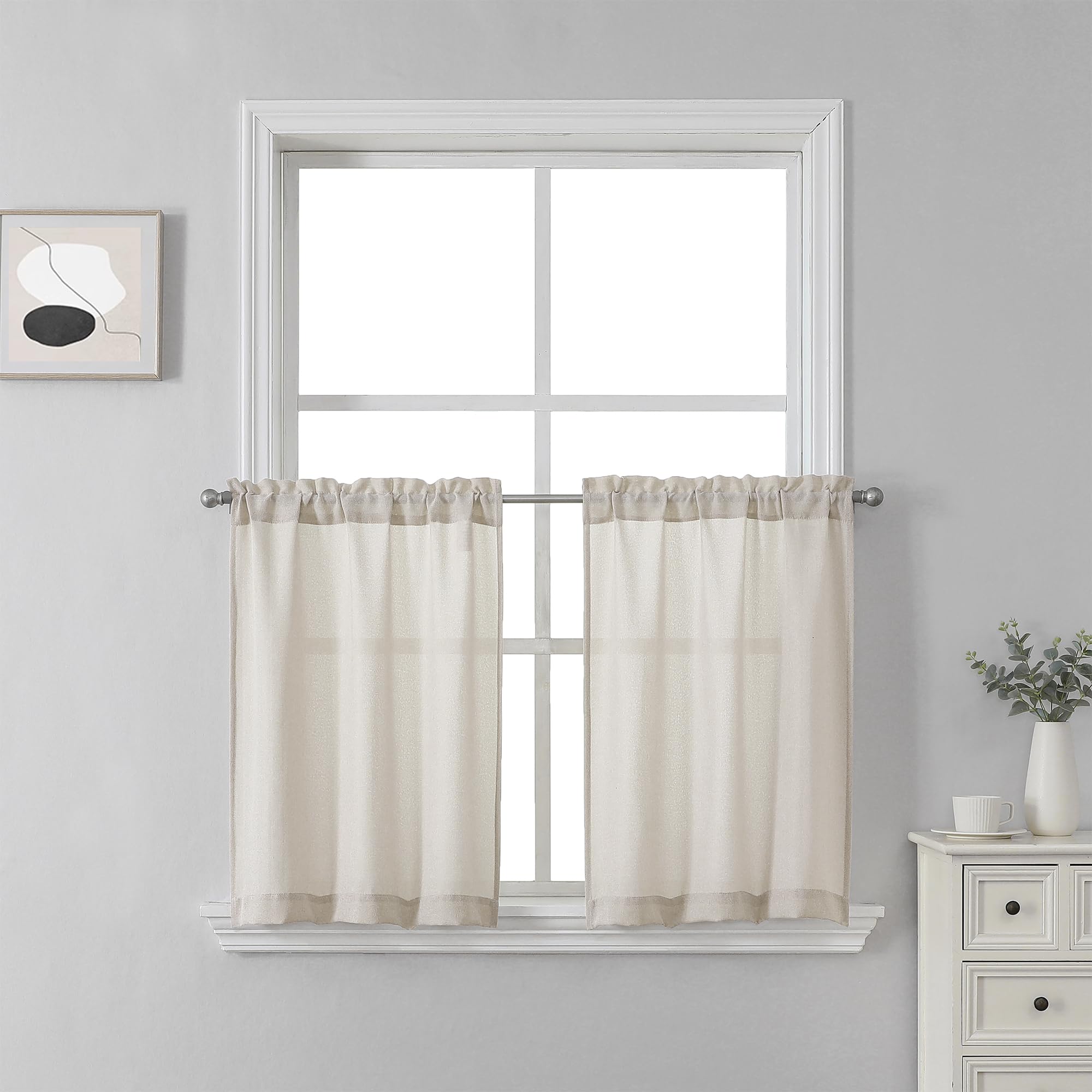 SeeGlee Country Faux Linen Curtains 36 Inch Length for Small Window Coverings - Beige Rod Pocket Semi Translucent Short Curtains for Bathroom Laundry