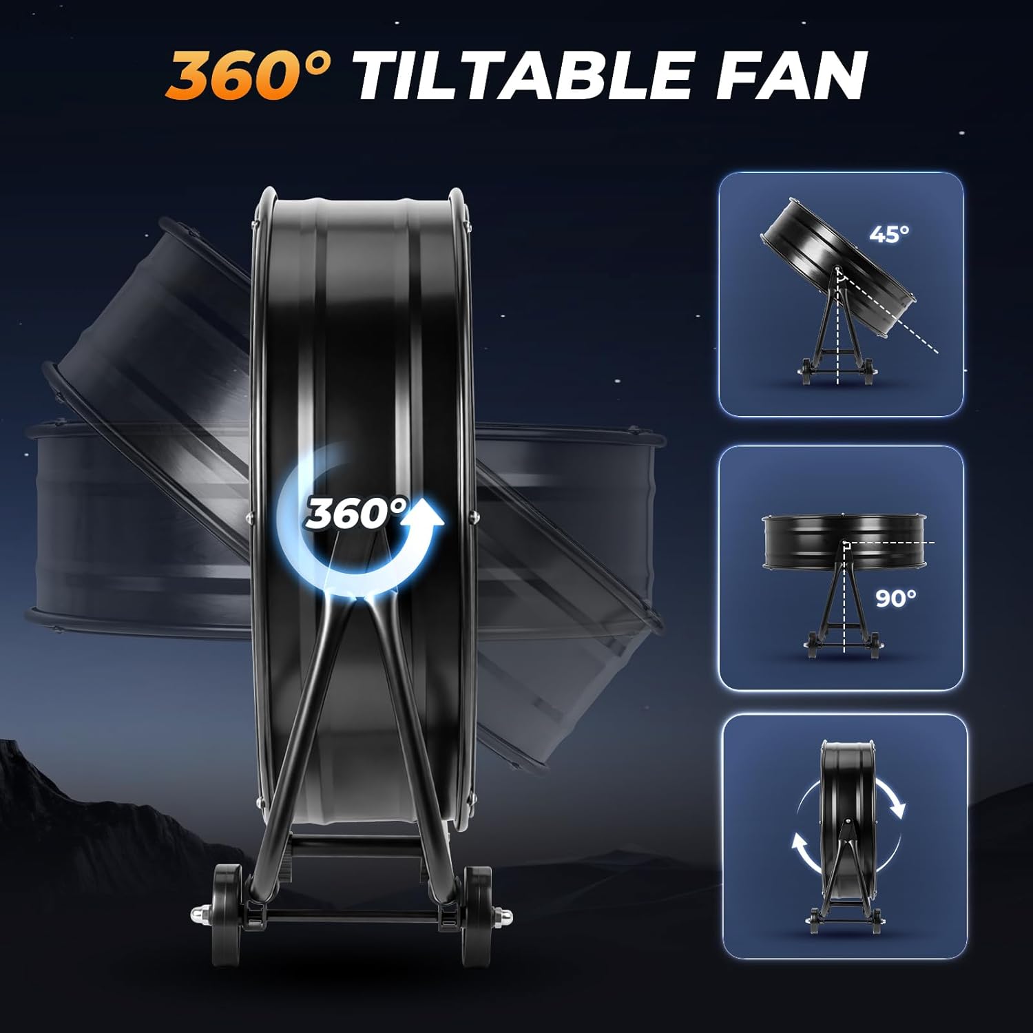 24 Inch High Velocity Heavy Duty Industrial Fan, 10250 CFM, 2-Speed, 360°Adjustable Tilt, Commercial Industrial Use Drum Fan Floor Shop Fan for Garage, Workshop, Warehouse, Gym (Black)