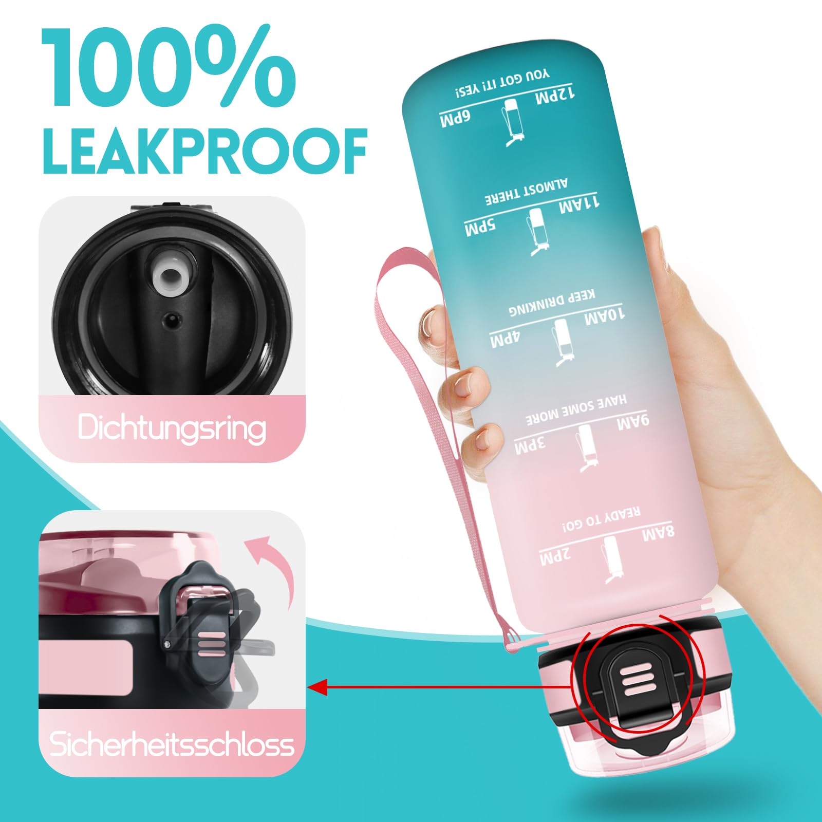 Mulbijeo Borraccia 1 Litro, Libre de BPA & Reutilizables, Borracce con Cannuccia, A Prova di Perdita, Borraccia Motivazionale, Portatile, Borracce Palestra per Scuola, Palestra, Ufficio, Festa