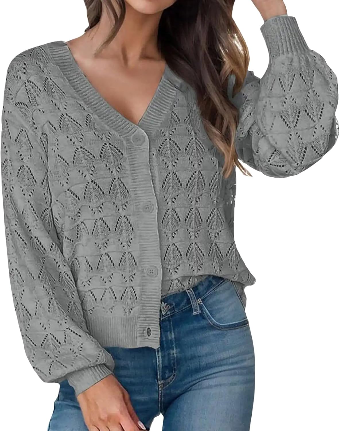 Women's Crochet Cardigan Sweaters Hollow Out V Neck Lightweight Cardigan Jacket Eyelets Long Sleeve Kintwear Outwear