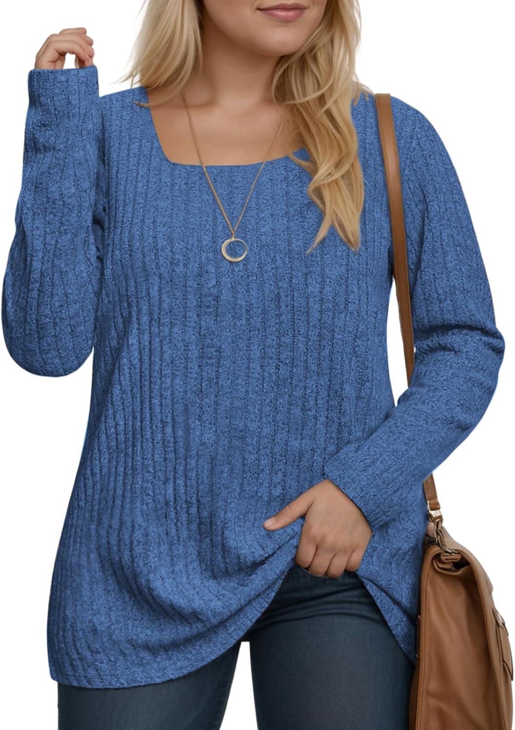 ROSRISS Womens-Plus-Size-Tops Casual Square Neck Sweaters Trendy Long Sleeve Shirts Lightweight Knit Pullover Blouses XL-5XL