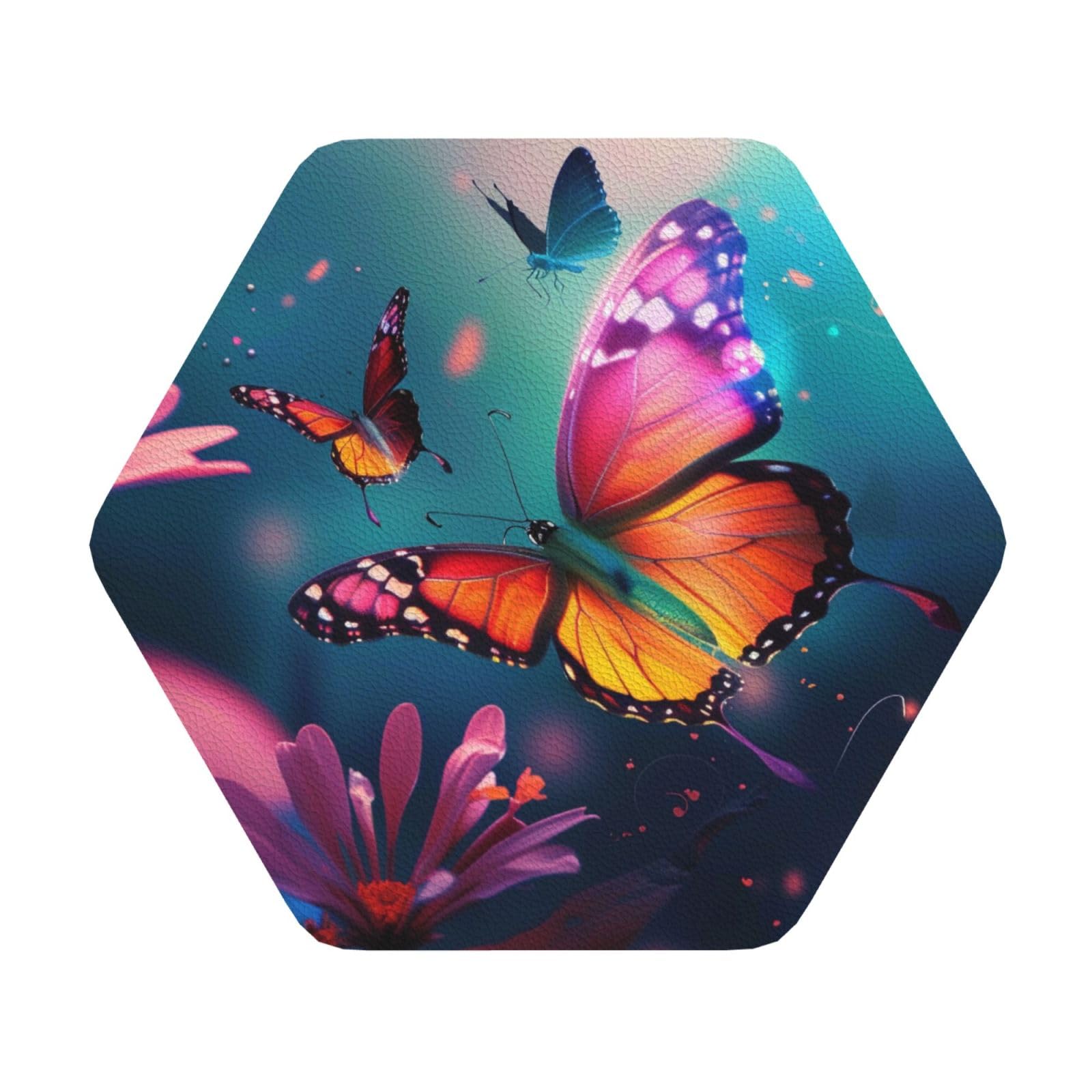 Beautiful Butterfly Printed Coasters for Drinks, Leather Coaster Sets of 4, Funny Coffee Cup Coaster, Absorbent Coaster for Home and Office Kitchen Bar Hexagon
