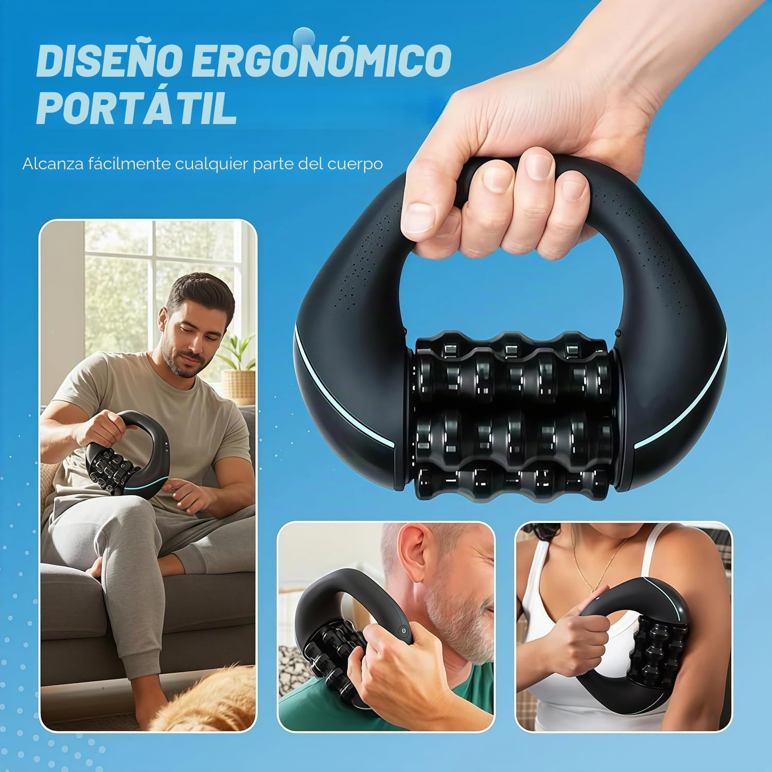 Masajeador Piernas, Masajeador de Rodillos Eléctrico Portátil – Rodillo de Masaje Eléctrico con Mango, 3 Niveles de Intensidad, Masaje Profundo Piernas y Cuerpo