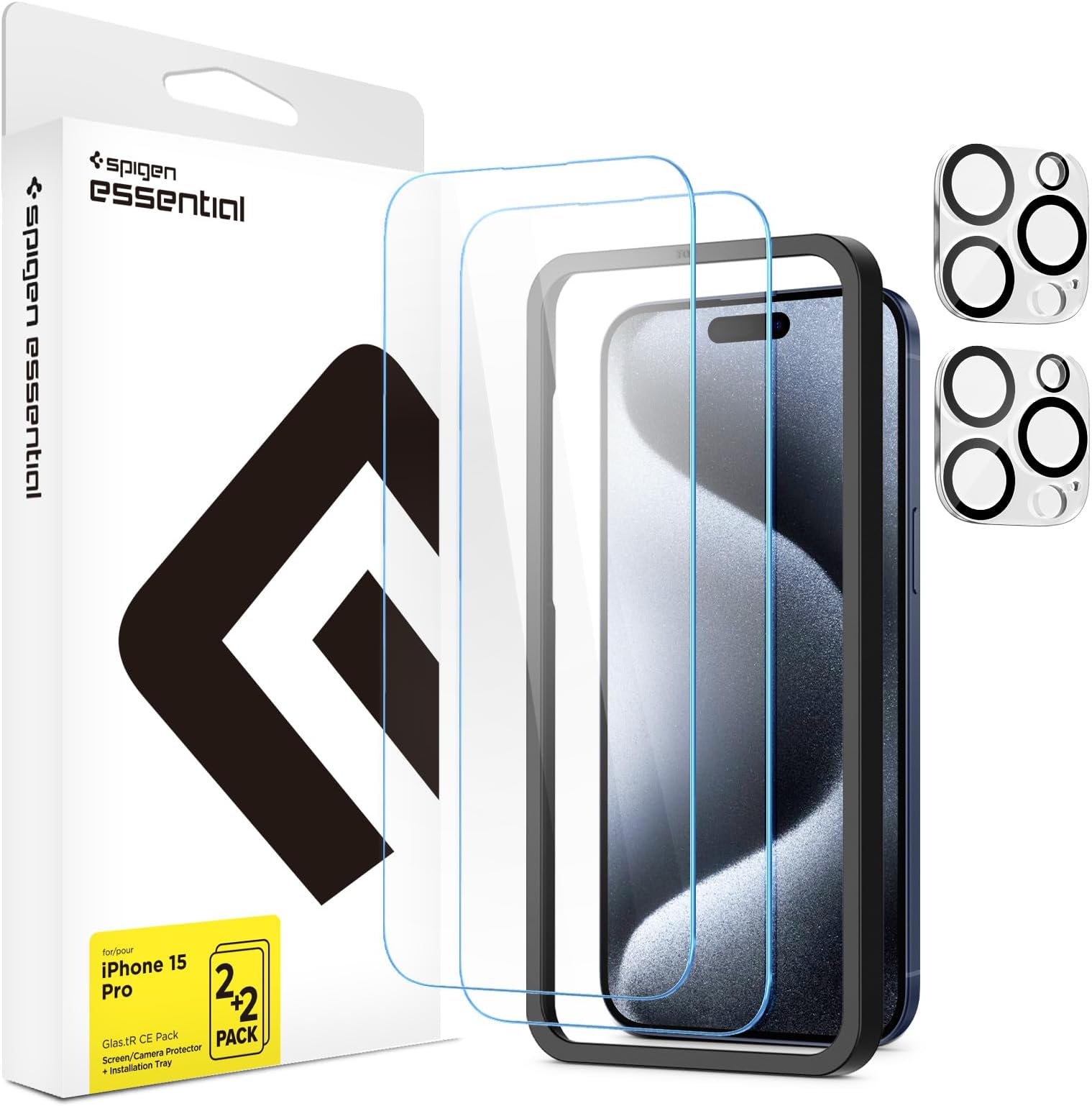 Spigen Essential Glas.tR CE Pack Tempered Glass Screen Guard for iPhone 15 Pro [Glass 2 Pack + Camera Lens Protector 2P + Alignment Tool]