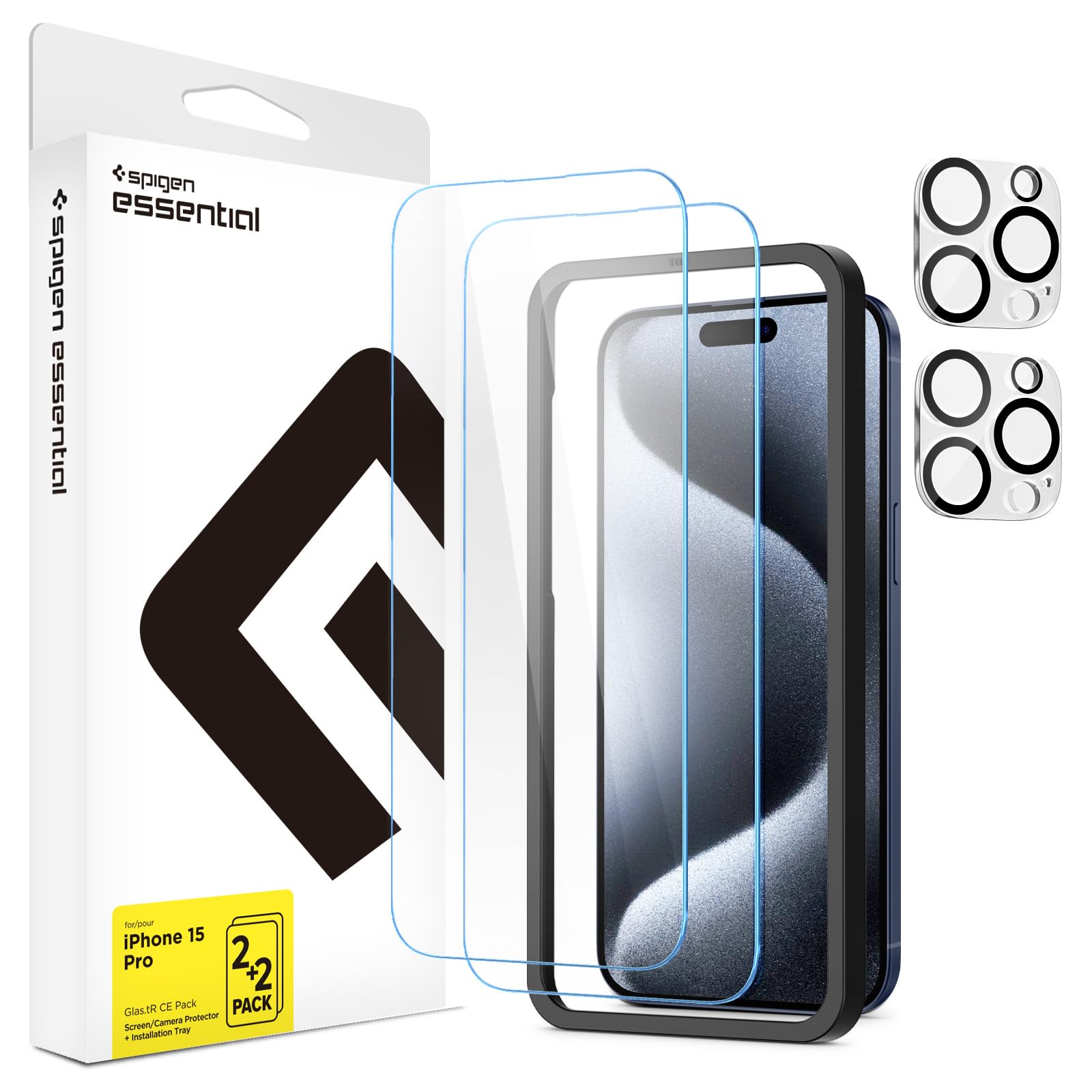 Essential Glas.tR CE Pack Tempered Glass Screen Guard for iPhone 15 Pro [Glass 2 Pack + Camera Lens Protector 2P + Alignment Tool]