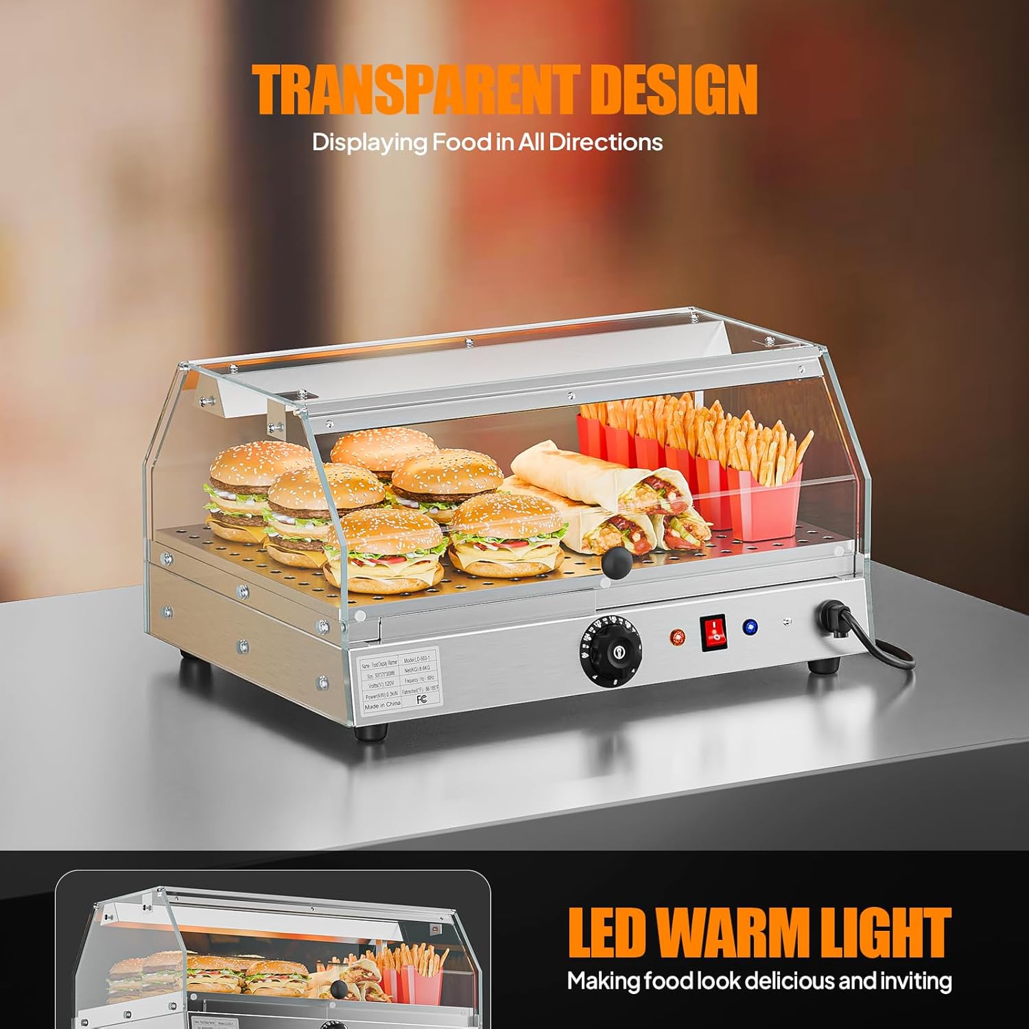 ROVSUN Food Warmer Pizza Warmer Countertop, Food Warmer Display Pretzel Warmer with LED Lighting Front and Rear Doors, Electric Catering Hot Box Acrylic for Buffet Restaurant Cafe