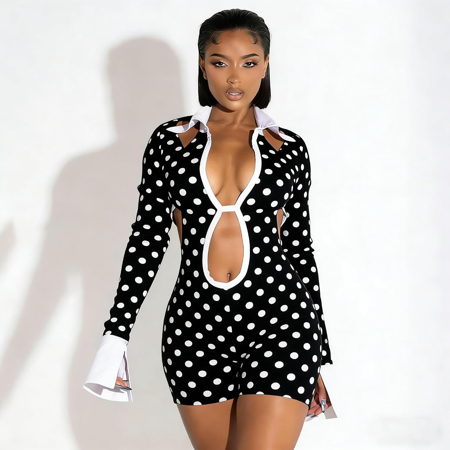 Molilove Women's Sexy Deep V Hollow Out Shirt Collar Long Sleeve Backless Strap Tight Jumpsuit Shorts Clubwear