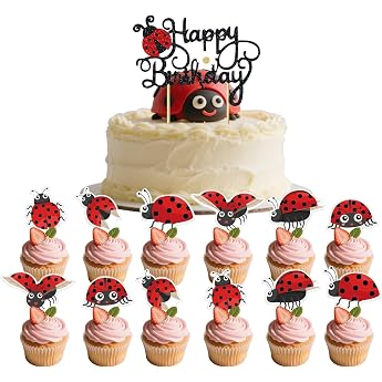Pack of 25 Ladybird Cake Toppers Ladybird Birthday Decoration Cake Decoration Ladybird Happy Birthday Cake Topper for Children Boys and Girls Birthday Party
