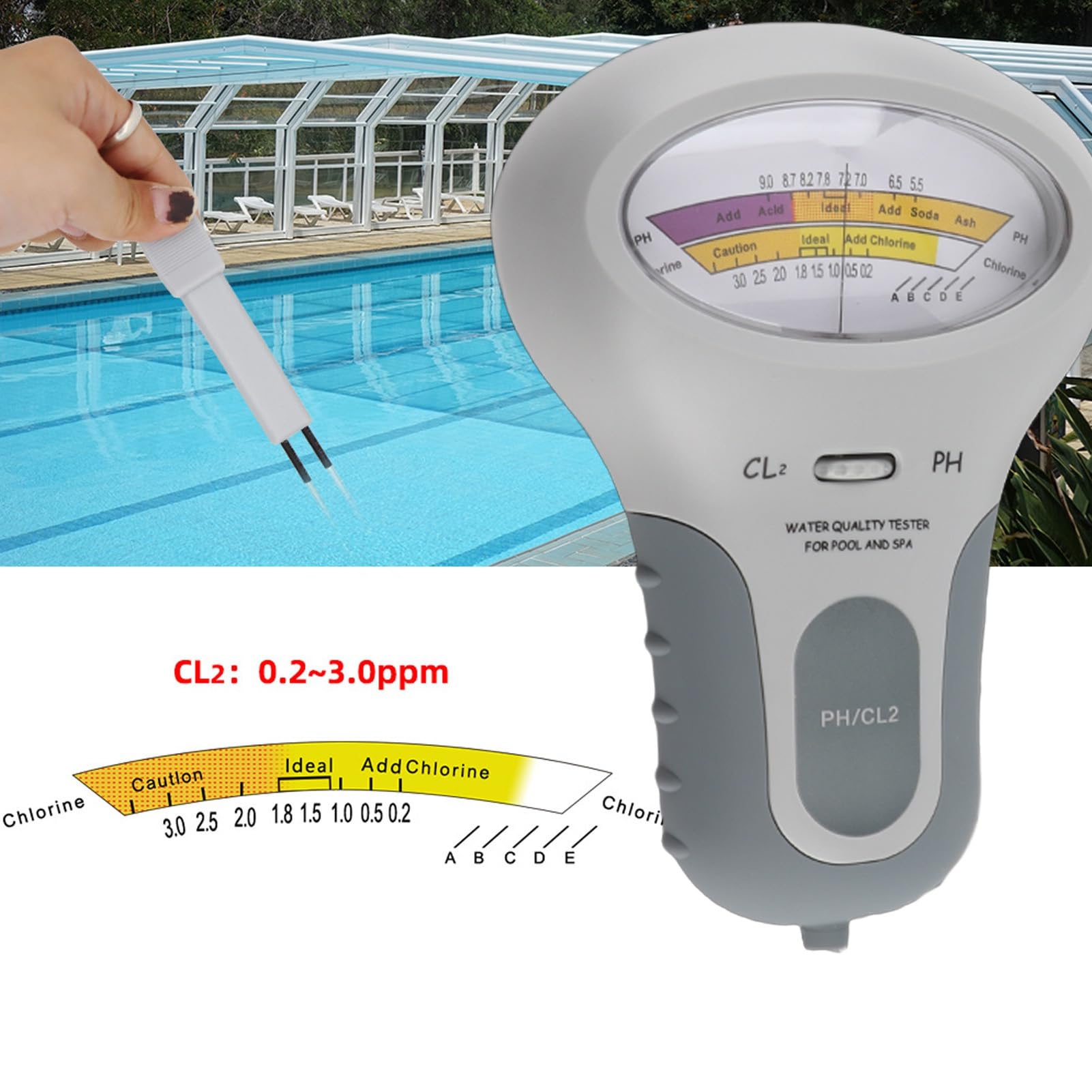 BuyWeek Testeur PH CL2, Testeur de Qualité de l'Eau PH CL2 Affichage Clair Haute Précision avec Cylindre de Mesure pour Piscine et Spa