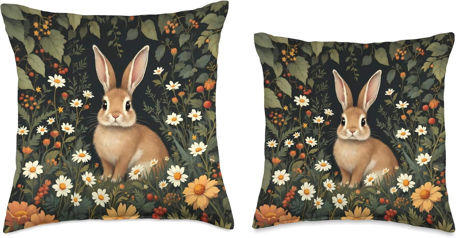 Rabbit Baby Bunny in an Elegant William Morris Style Forest Throw Pillow