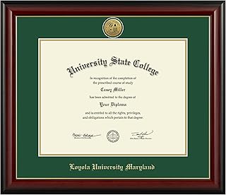 Loyola University Maryland 14" w x 11" h Diploma Frame - Fits a bachelor's, master's and phd - Gold Engraved Medallion Diploma Frame - Cherry Moulding with Tartan Green and Gold Matting