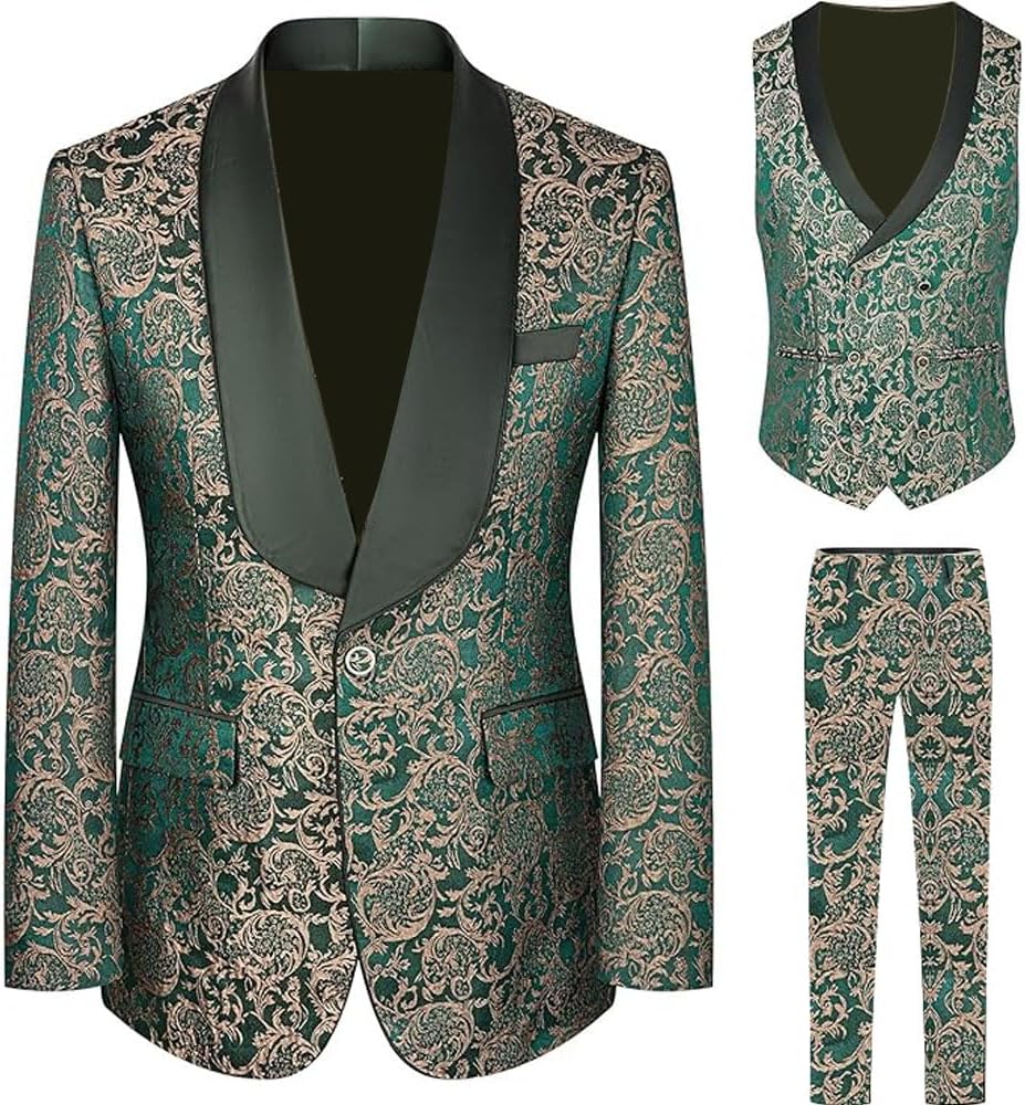Slim Fit Paisley Jacquard Premium Floral Prom Tuxedo Prom Groom Wedding Groom 3 Pieces Suits