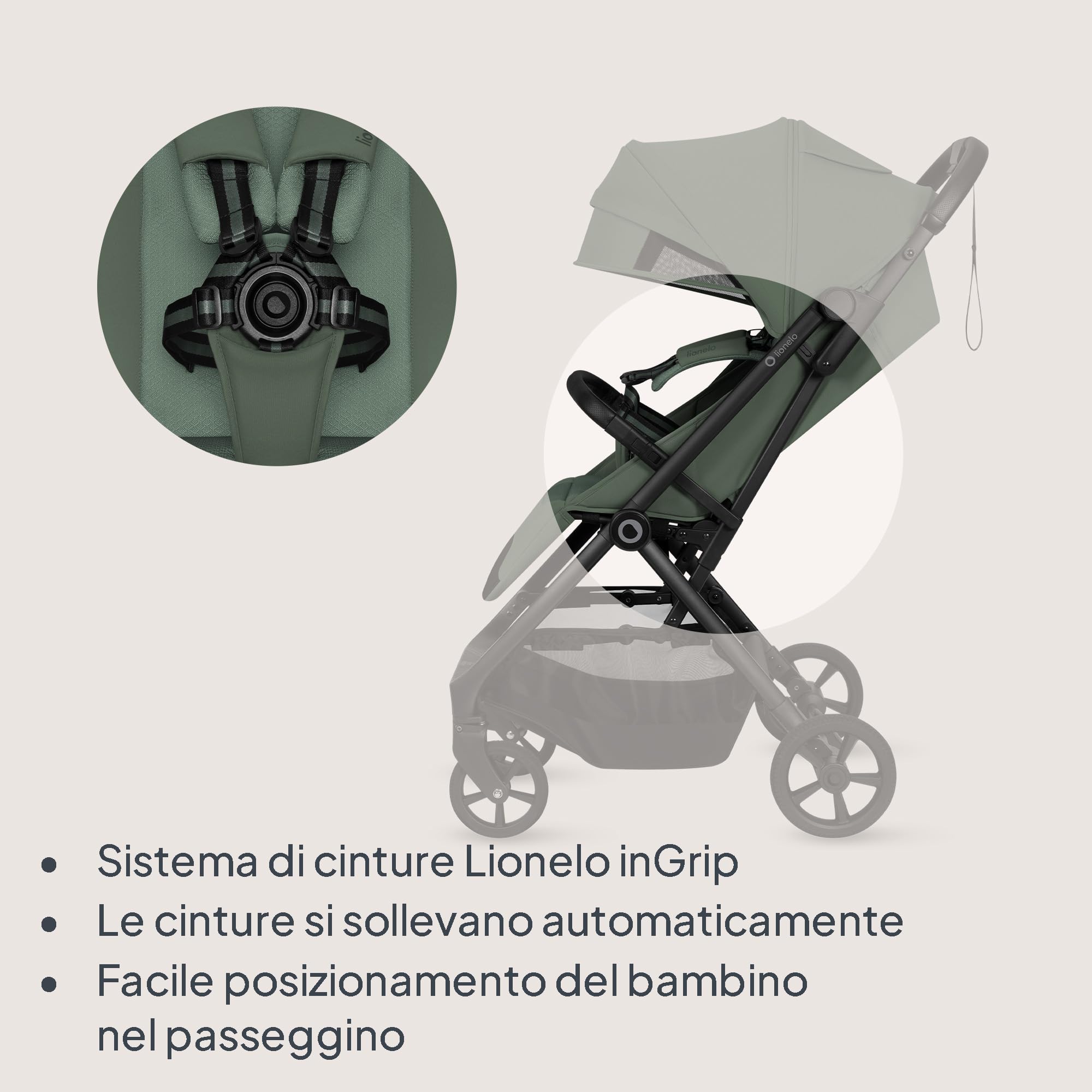 Lionelo TANSI Passeggino Leggero Compatto fino a 22 kg Pieghevole con Chiusura Automatica a una Mano, Ruote GravelTech Ammortizzate, Schienale Reclinabile, Cappottina Ventilata, Dri Seat Traspirante