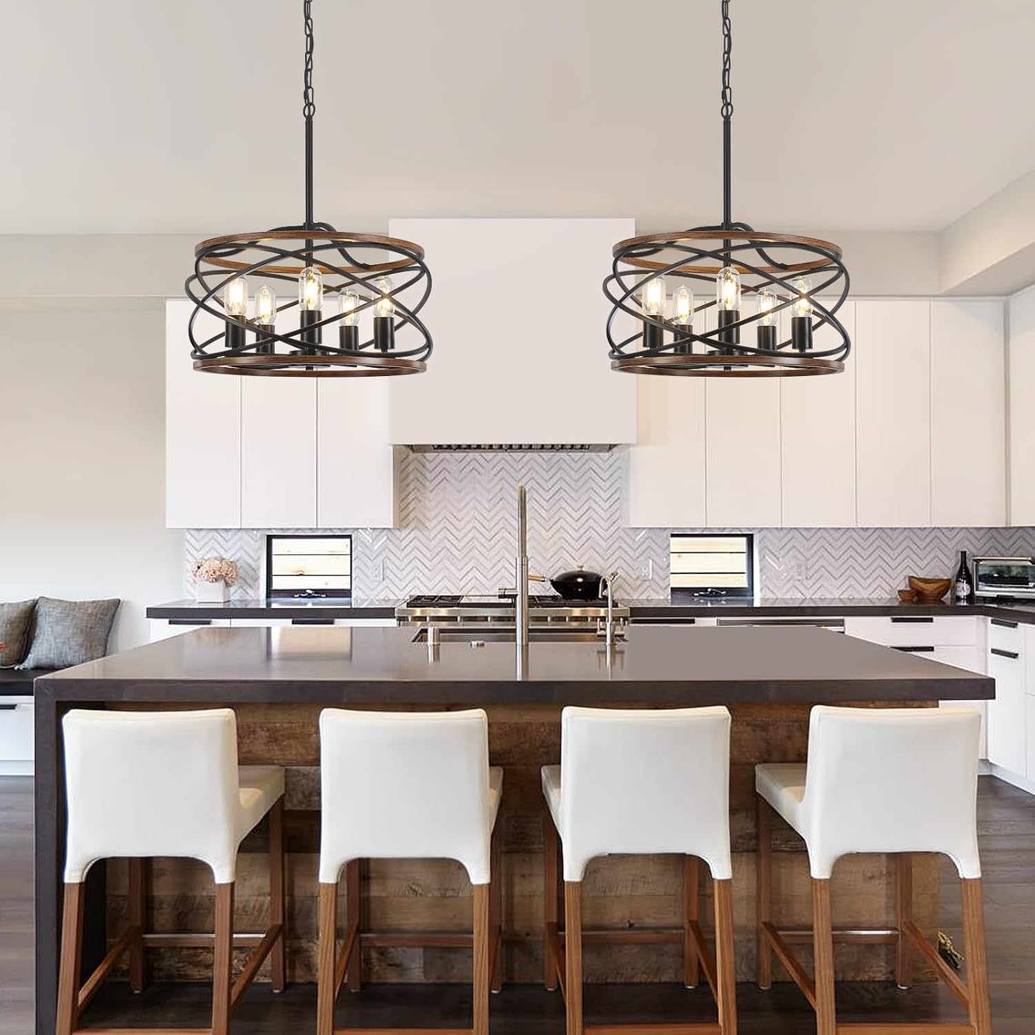 19.7'' Farmhouse Industrial Chandelier for Dining Room, 5-Light Rustic Black and Brown Metal Wood Texture Drum Chandeliers Hanging Light Fixture for Entryway Kitchen Foyer Bedroom Living Room