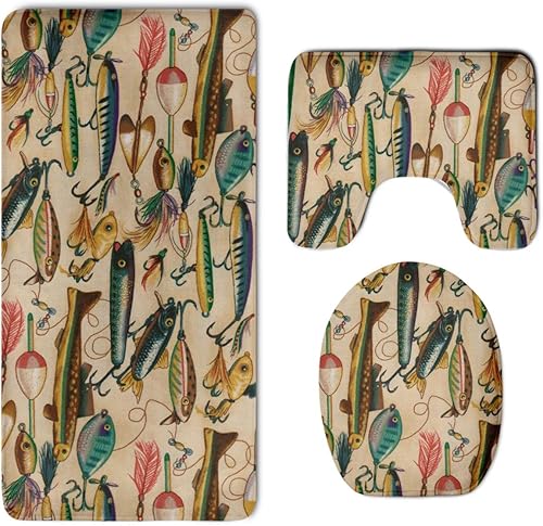 Miniatura 1 de Juego de alfombrillas de 3 piezas estilo señuelo de pesca, tapete de pedestal, tapa de inodoro + tapete de baño, tapete antideslizante