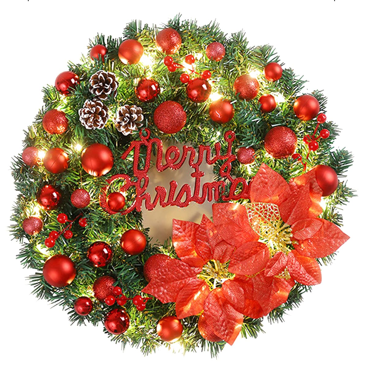 24in/60cm Artificial Christmas Wreath with 50 Led lights, Christmas Door Wreaths with Red Decorative ball, Pine Cones and Berry Clusters, Christmas Decorations Garland for Front Door Window
