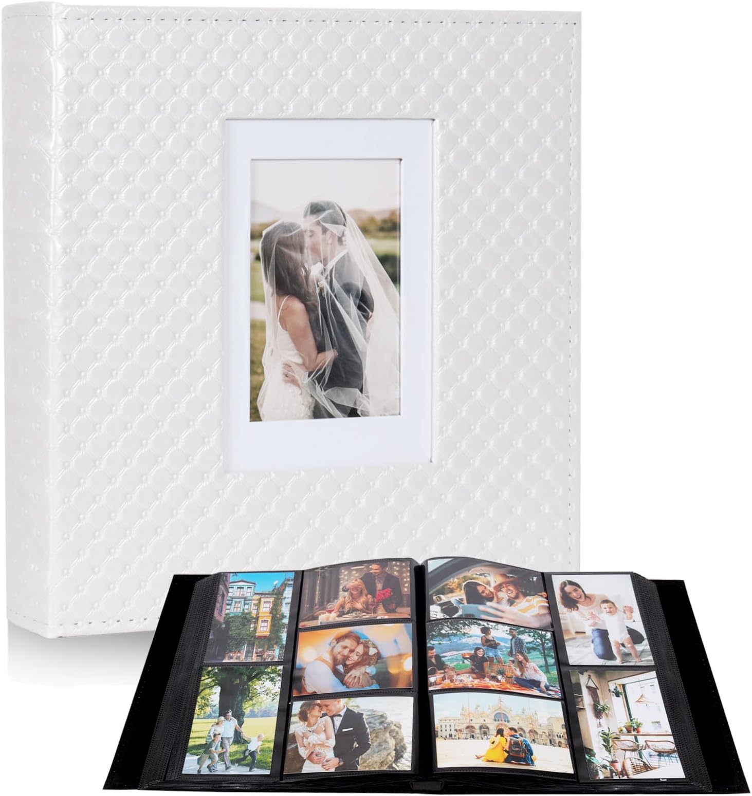 RECUTMS Photo Album 4x6 Holds 600 Photos Button Grain Larger Capacity Leather Cover Black Inner Page Wedding Baby Family Photo Book Wedding Anniversary Pictures Album Birthday Photo Albums (White)
