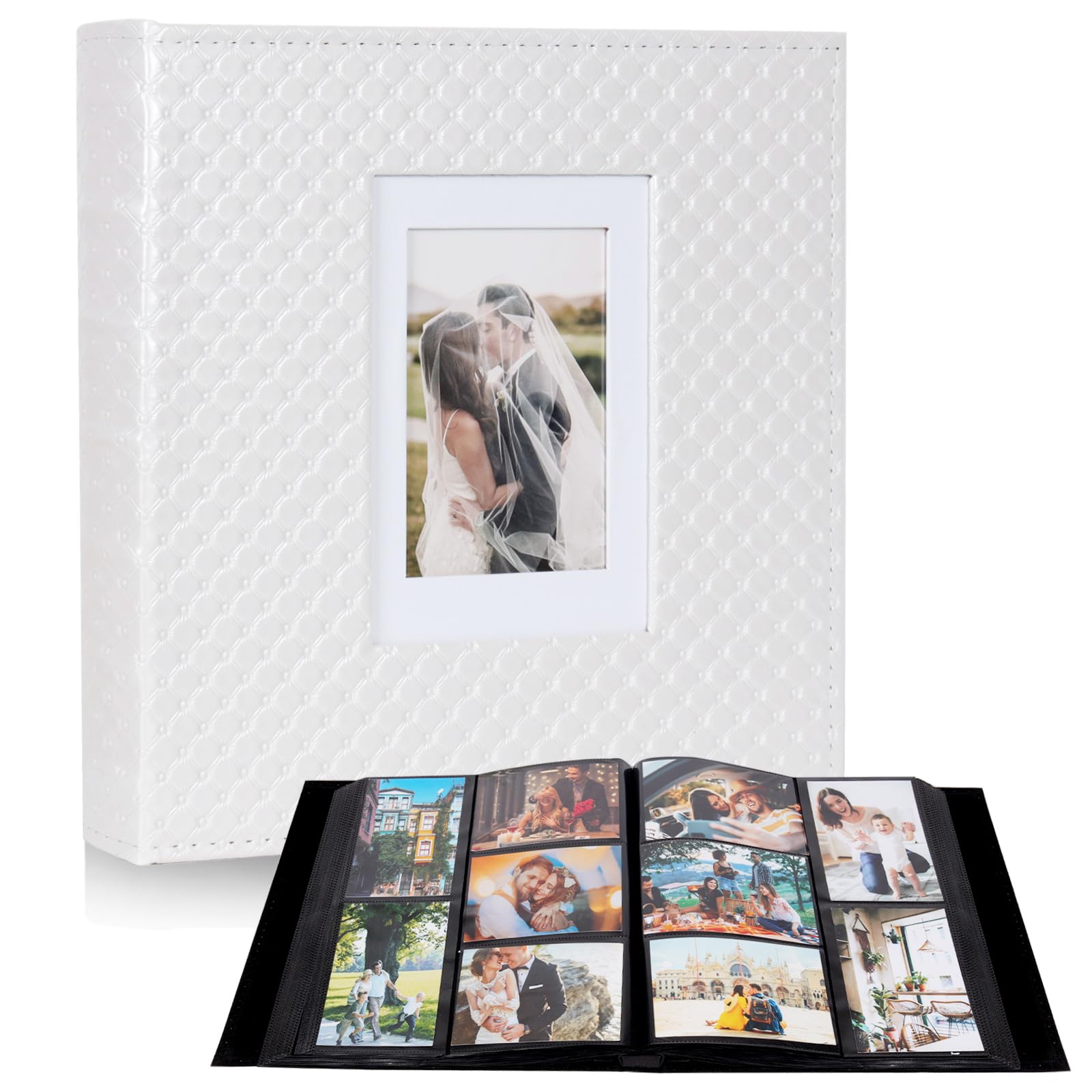 RECUTMS Photo Album 4x6 Holds 600 Photos Button Grain Larger Capacity Leather Cover Black Inner Page Baby Family Book Wedding Anniversary Pictures Birthday Photo Albums (White)