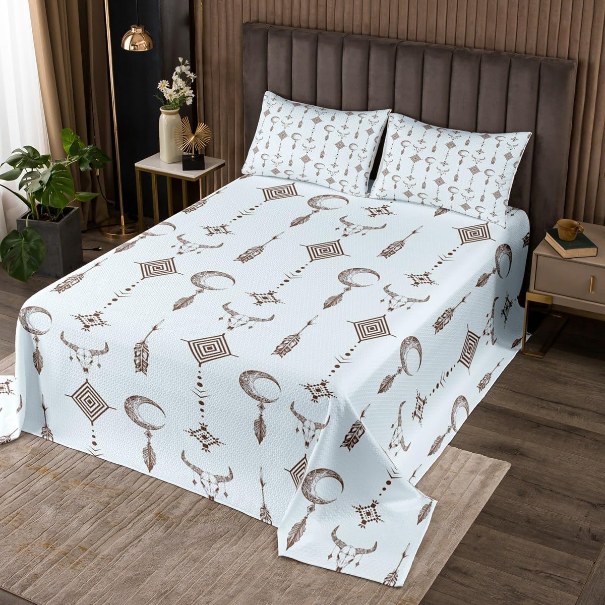 Erosebridal Bull Skull Coverlet Set King Size Western Aztec Bedding Set for Boys Kids Native Tribal Horns Retro Ethnic Quilted Coverlet Square Cow Boho Arrows Feathers Light Blue Room Decor