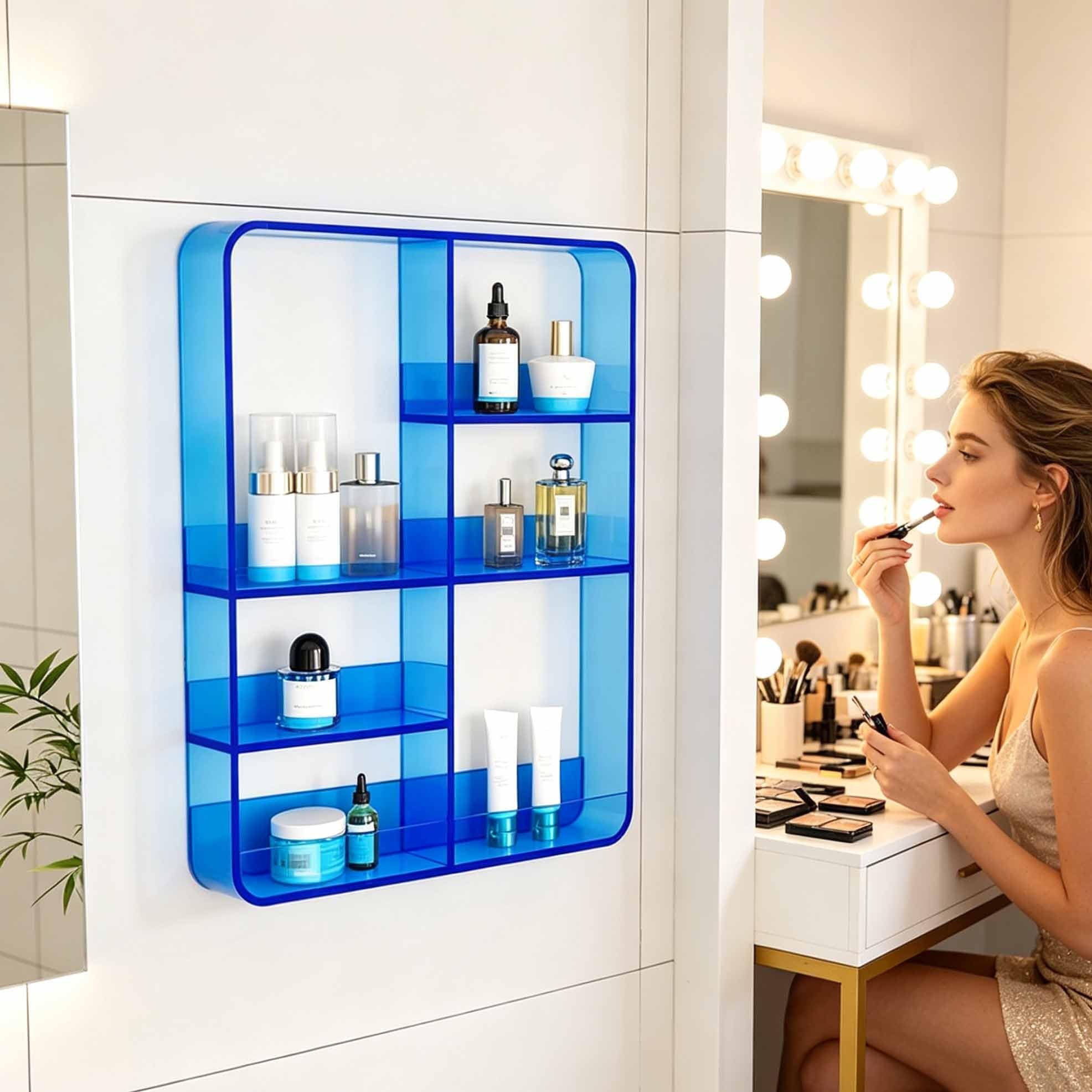 Libreria sospesa invisibile in acrilico, organizer autoadesivo per smalti, espositore per dischi in vinile, porta-brochure trasparente da parete per bagno, cucina, ufficio(Blue)