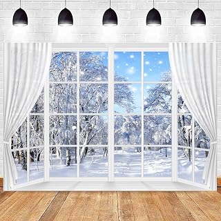 Winter Scene Backdrop Holiday Wonderland Snowflake Photography Background Window Forest Christmas Party Decoration Tree Landscape Kids Portrait Photobooth Photo Studio Props 10x7ft White
