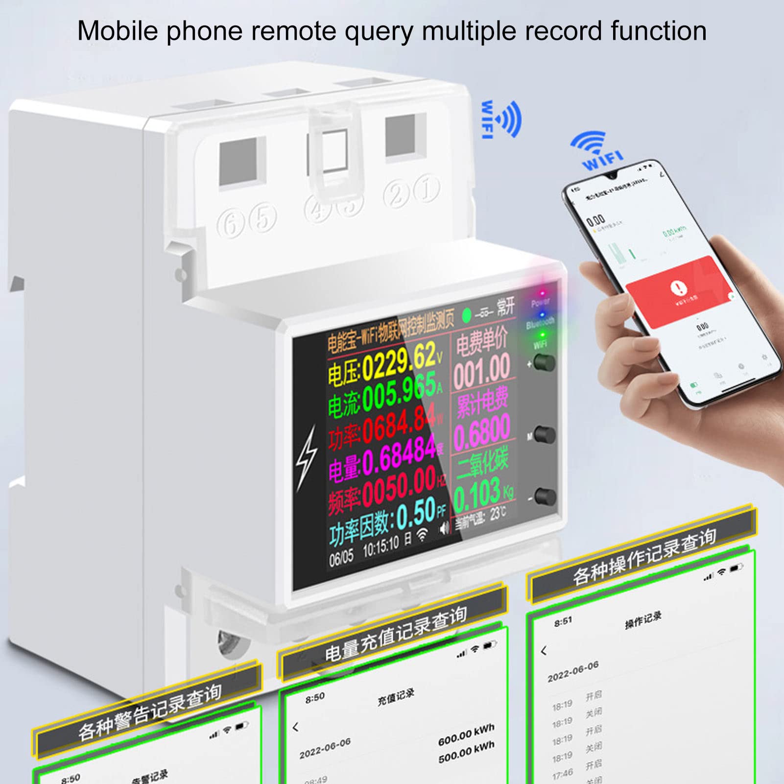 Luocute Medidor de Energía Eléctrica Inteligente, Medidor de Energía Ferroviaria DIN de 2.4in TFT, Monitor WiFi, Control Remoto, Medición de Energía, para el Hogar u Oficina, Ahorro de