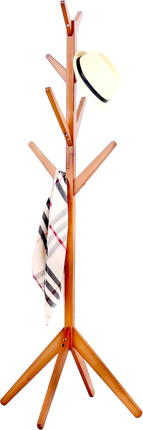 Neasyth Freestanding Wooden Coat Rack Entryway Hall Wooden Tree Tetrapod Base for Hat Jacket Scarf Hanger Rack in Living Room Bedroom (Bright Orange)