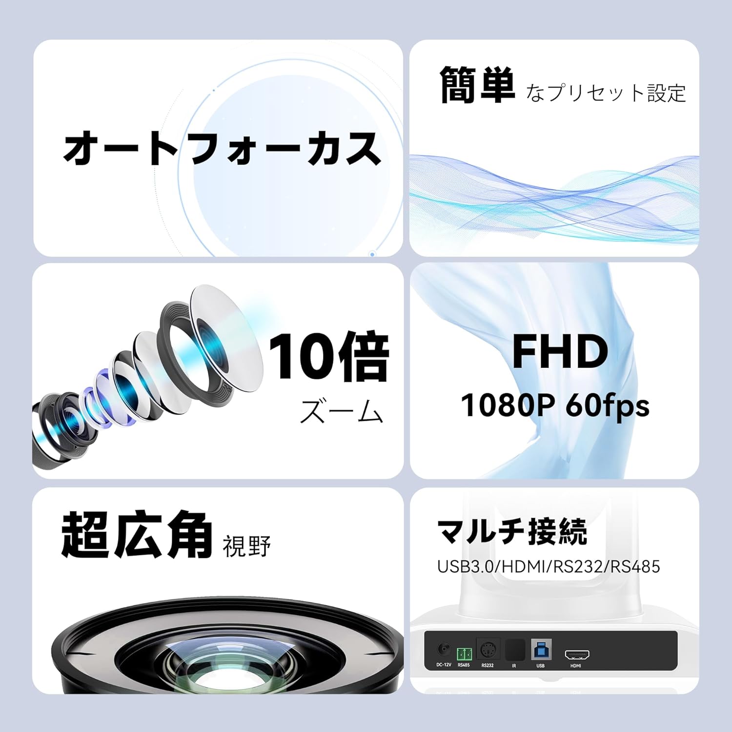 Key features of Tenveo PTZ camera including autofocus, 10x zoom, FHD 1080P 60fps, ultra-wide angle, and multi-connection ports.