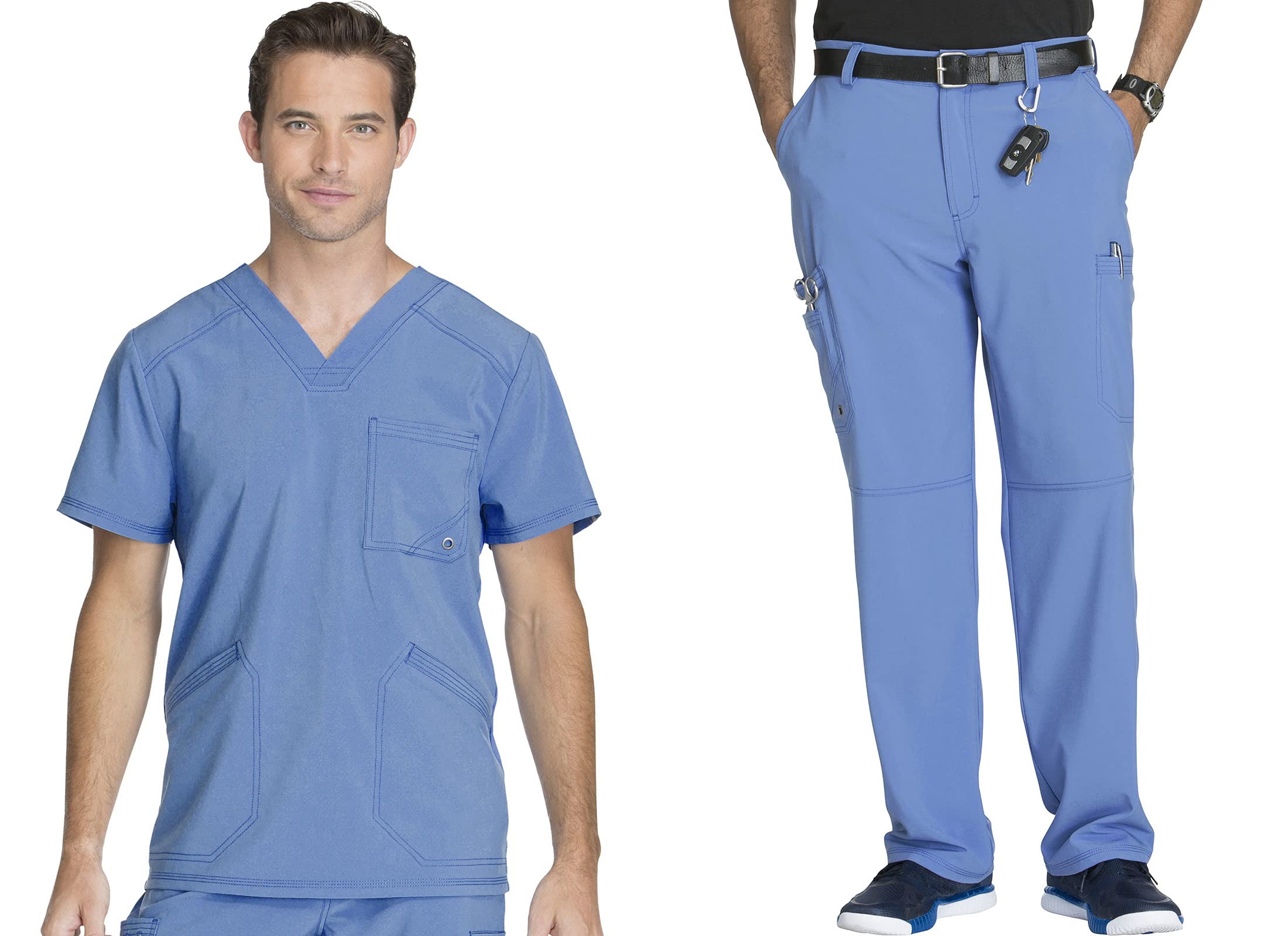 Cherokee Men Scrubs Set Modern Fit V-Neck Scrub Tops, CK900A and Tapered Leg Drawstring Scrub Pants, CK200A