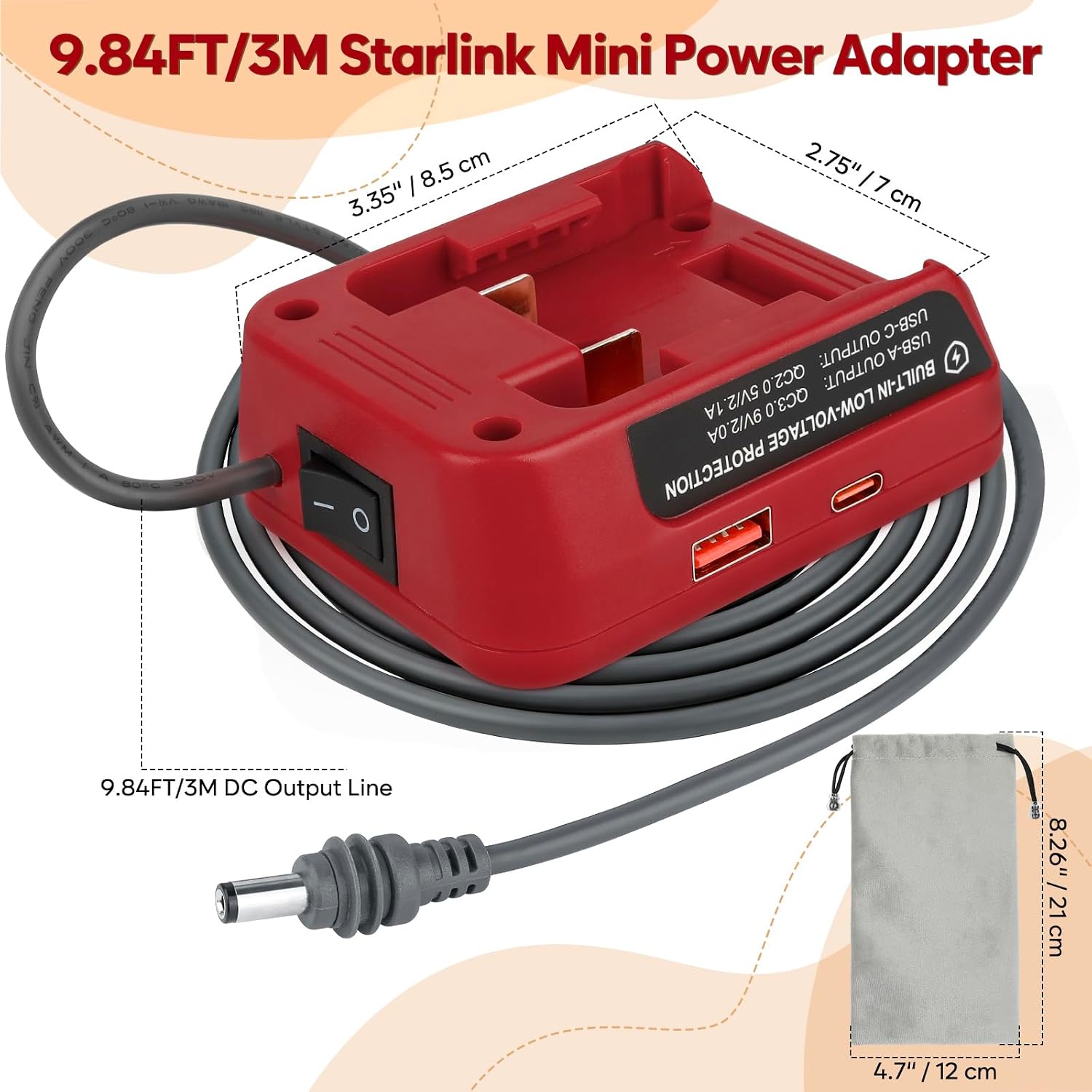 Starlink Mini Battery Adapter Compatible Milwaukee M18 18V Batteries, Portable Power Converter with 9.84FT DC Cable, Low Voltage Protection, USB-A/USB-C Charging Ports for Camping/RV/Hiking image 5