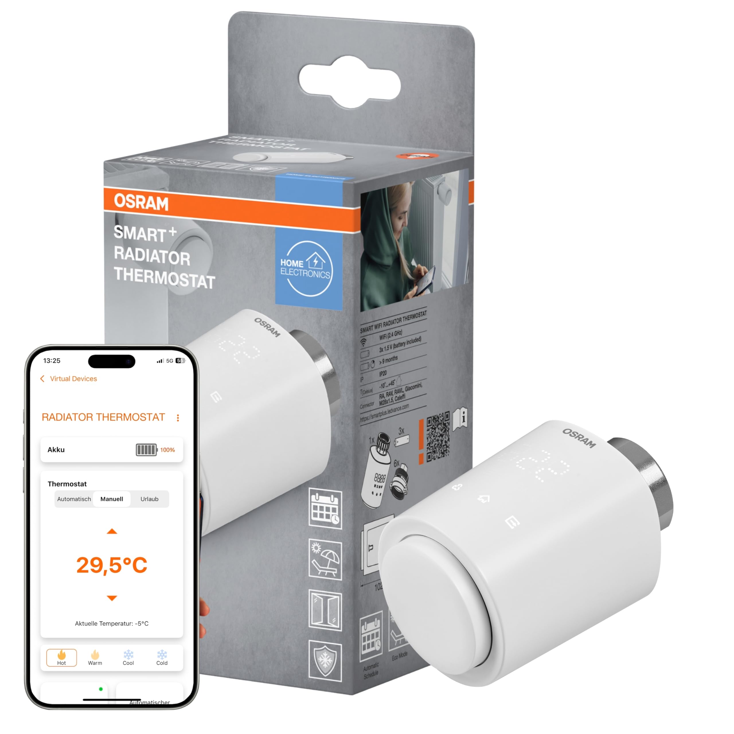 OSRAM SMART+ WiFi Heizkörperthermostat in Weiß, 1er-Pack, mit IP20-Schutz, für Smart Home im Innenbereich