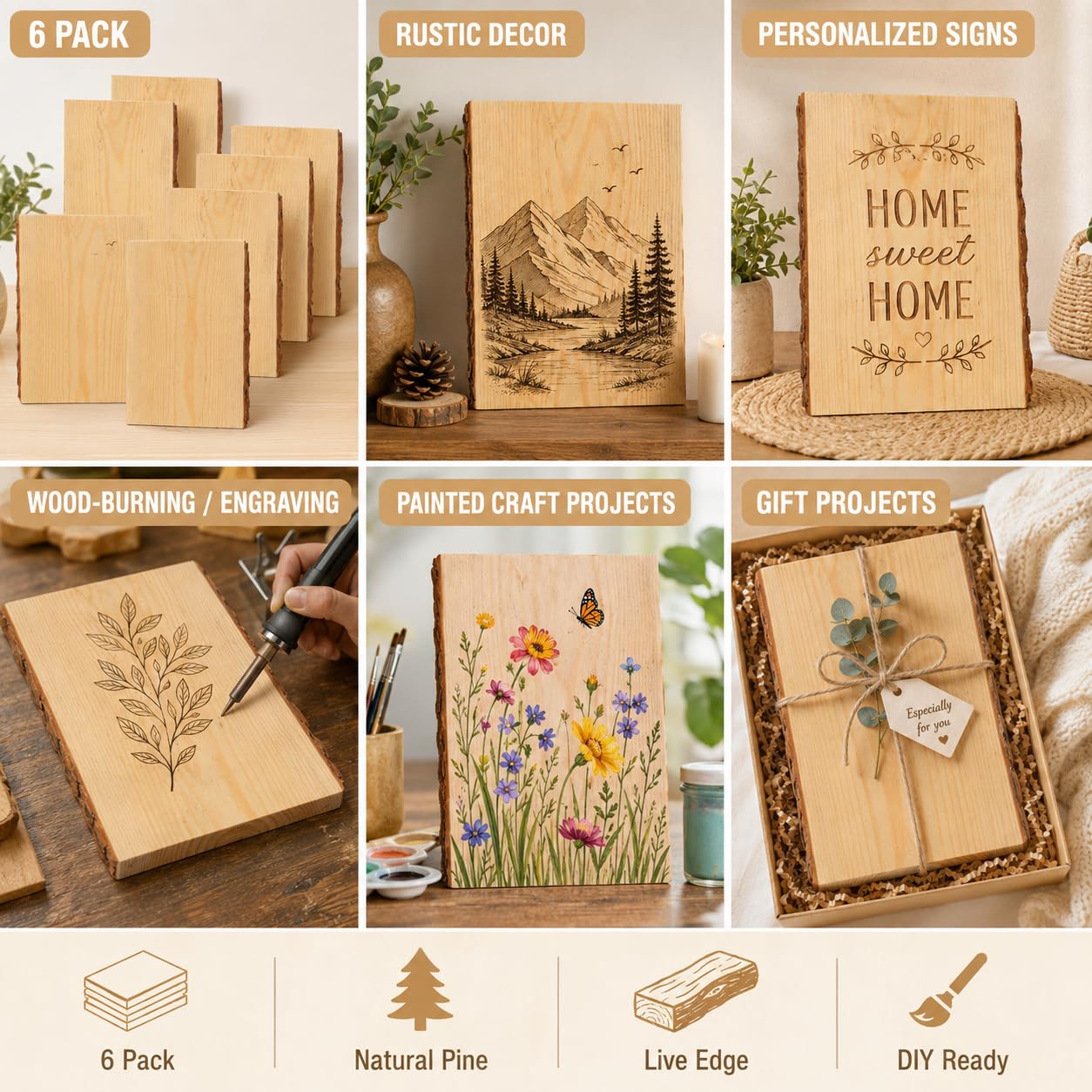 Paquete de 6 tablones rectangulares de madera, 7-9 pulgadas de ancho x 11 pulgadas de largo, madera artesanal con losa de madera de borde vivo, tablón de pino rústico para decoración del hogar,