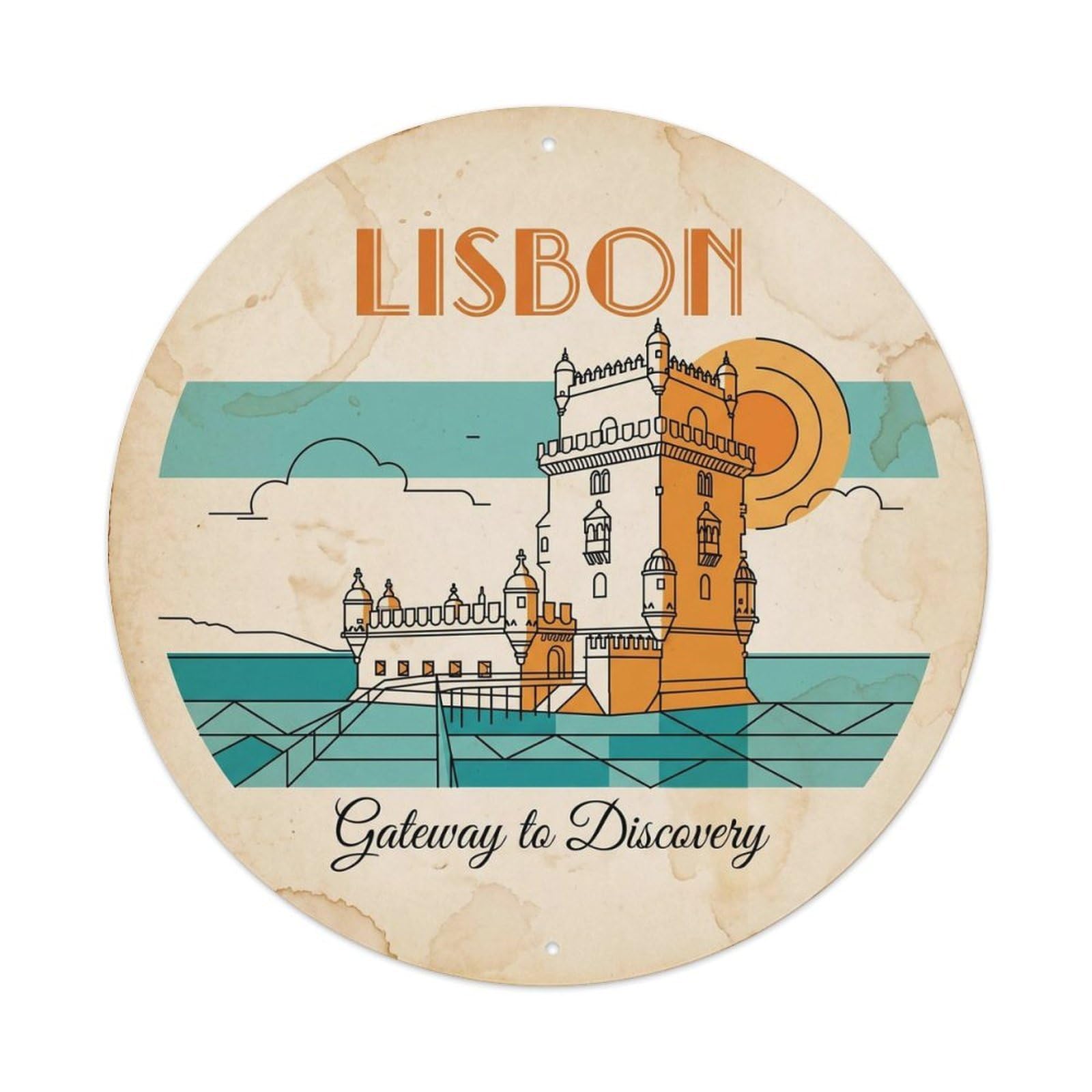 Lisbon Tower Portugal Classic Cityscape Discovery Landmark Metal Tin Sign Plaque Wall Decor for Cafe, Man Cave, Club Bar, Office, Home Garden Round Metal Poster 8x8Inch