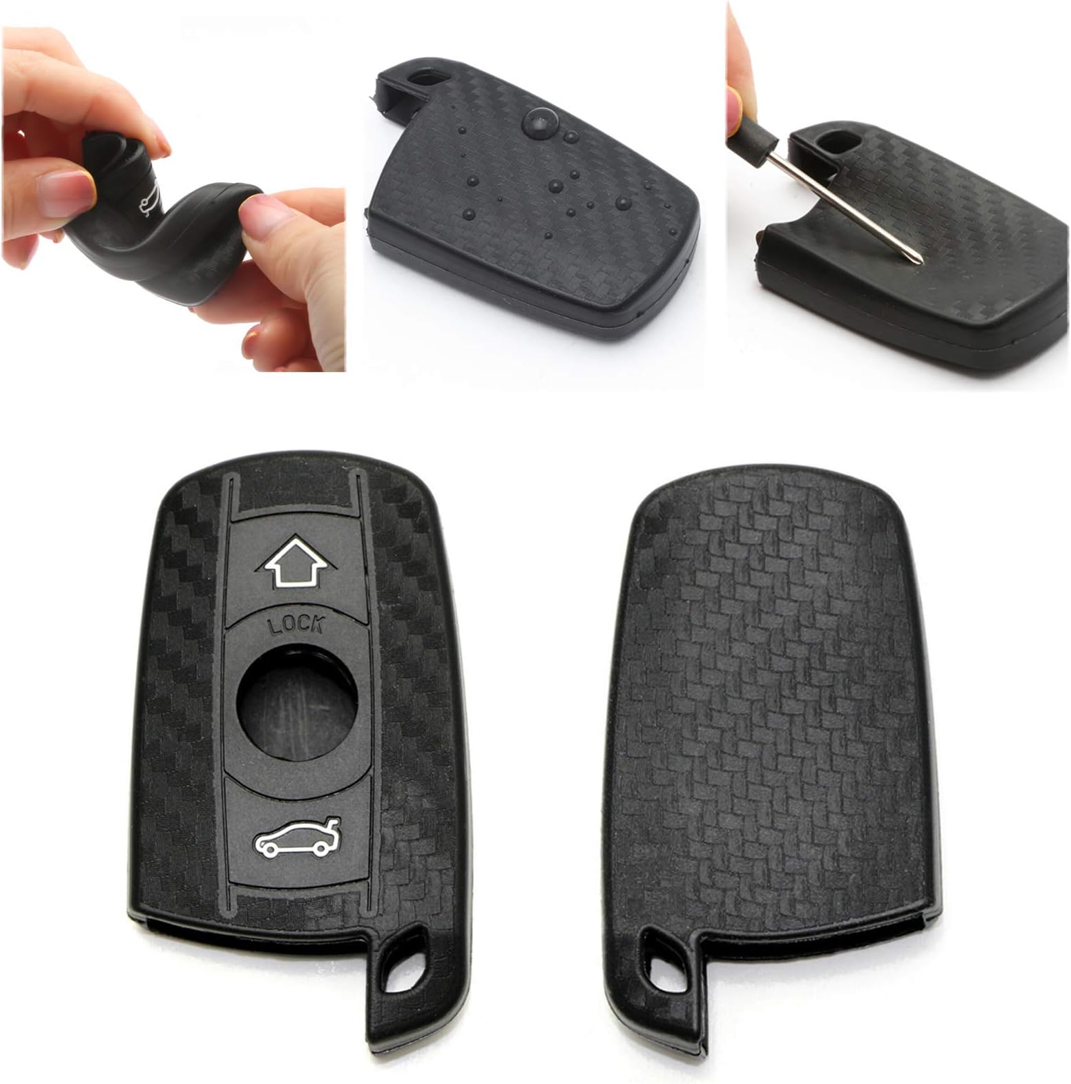 x xotic tech Carbon Fiber Pattern Soft Silicone Key Fob Shell Cover Case, Compatible with BMW 1 3 5 6 Series X5 X6 Z4 2-Button Smart Keyless Entry Key