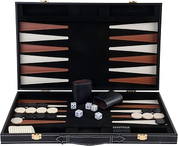 Backgammon Set Deluxe 18 Inch Brown Ivory   Faux Leather Case with Felt Interior, Metal Clasps, Dice, Cups and Checkers 250504