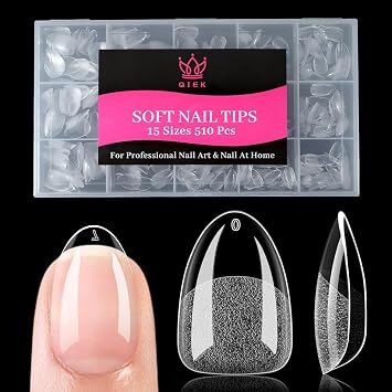 Extra Short Almond Nail Tips, 510 Pcs Clear Half Matte, 15 Sizes