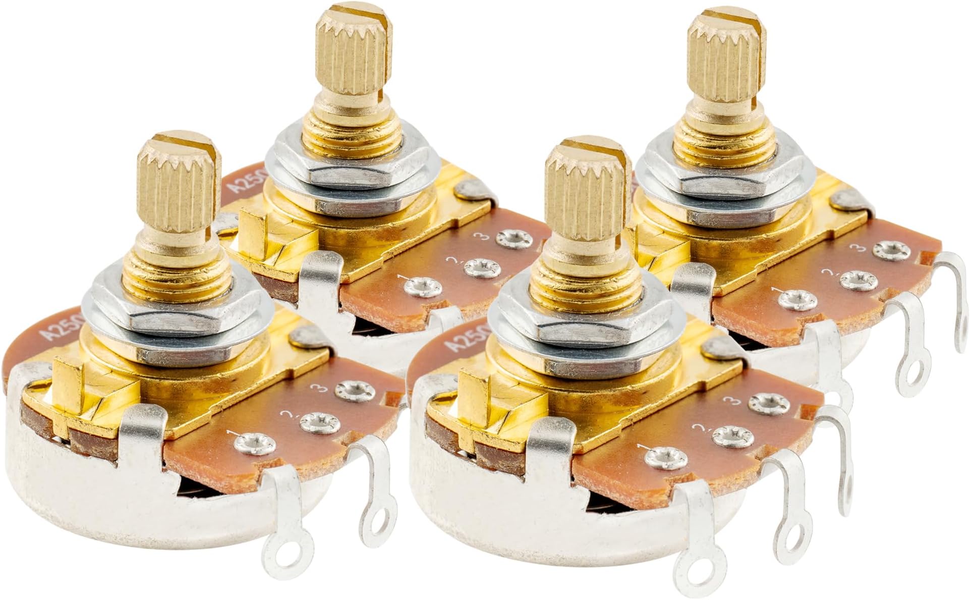 Pro Brass Shaft Full Metric Sized Control Pots A250K Audio Taper Potentiometers for Guitar (Set of 4)