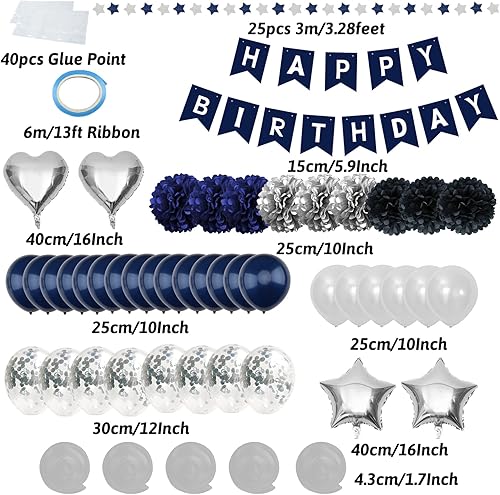 Miniatura 2 de ZERODECO Decoraciones de cumpleaños para hombres, decoraciones de fiesta de cumpleaños azul marino, pancarta de feliz cumpleaños, globos para niños,