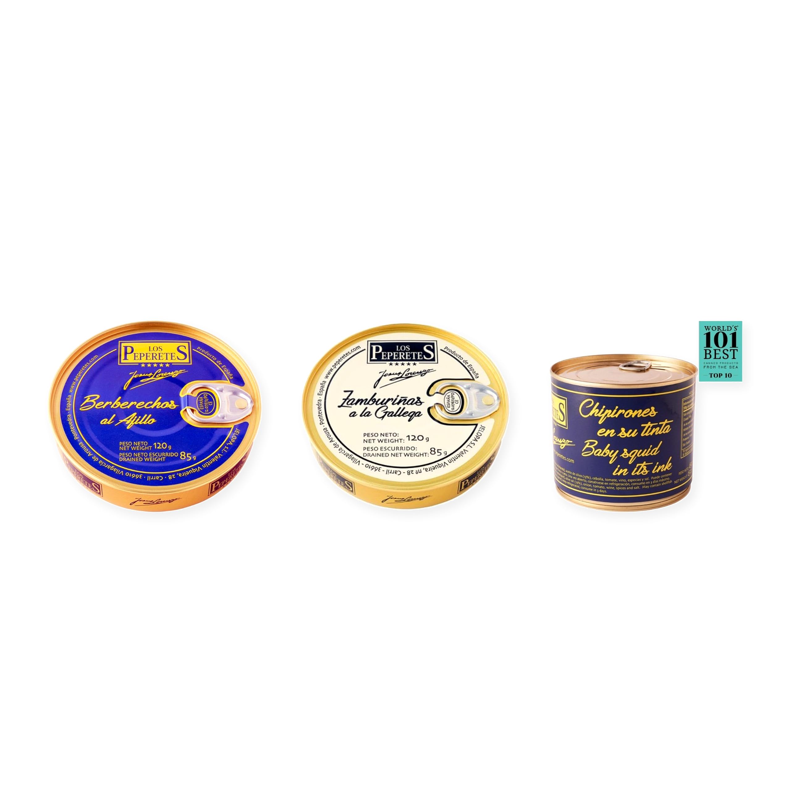 los peperetes conservas Berberechos Ajillo, Zamburiñas Gallega y Chipirones Tinta 460g pack 3 latas